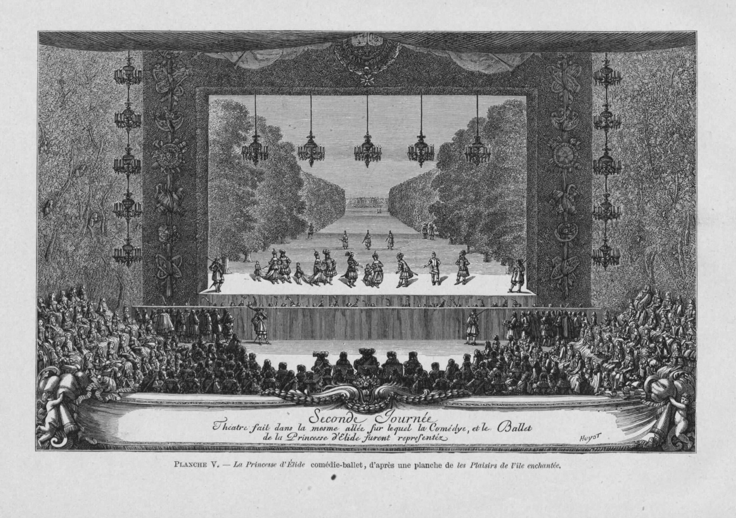 Engraving showing dancers performing on a stage within an ornate hall, watched by a crowded courtly audience below.