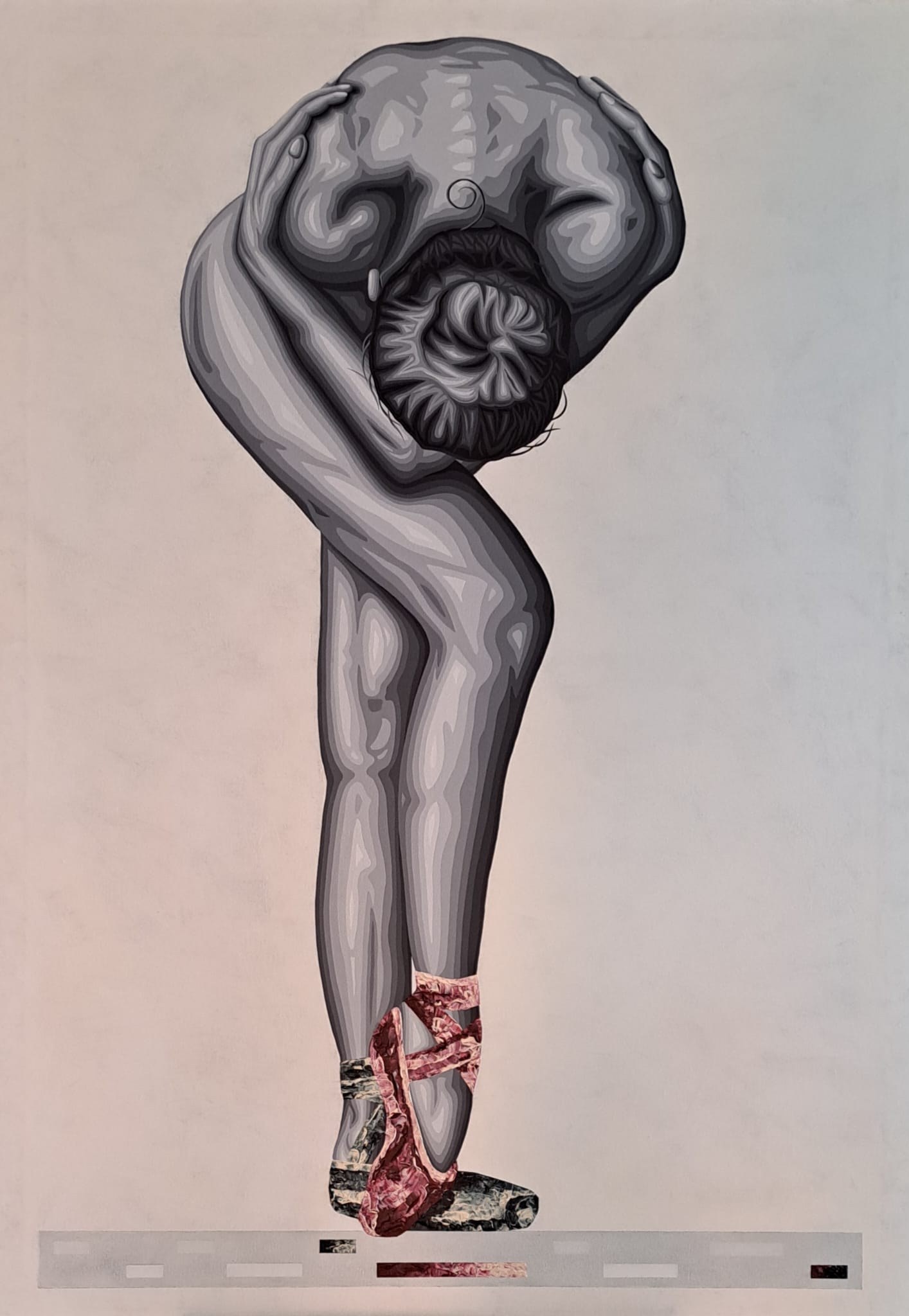 Gray abstracted human figure in classical sculpture style, head thrown backward, rendered in monochrome except for vivid red pointe shoes en pointe.