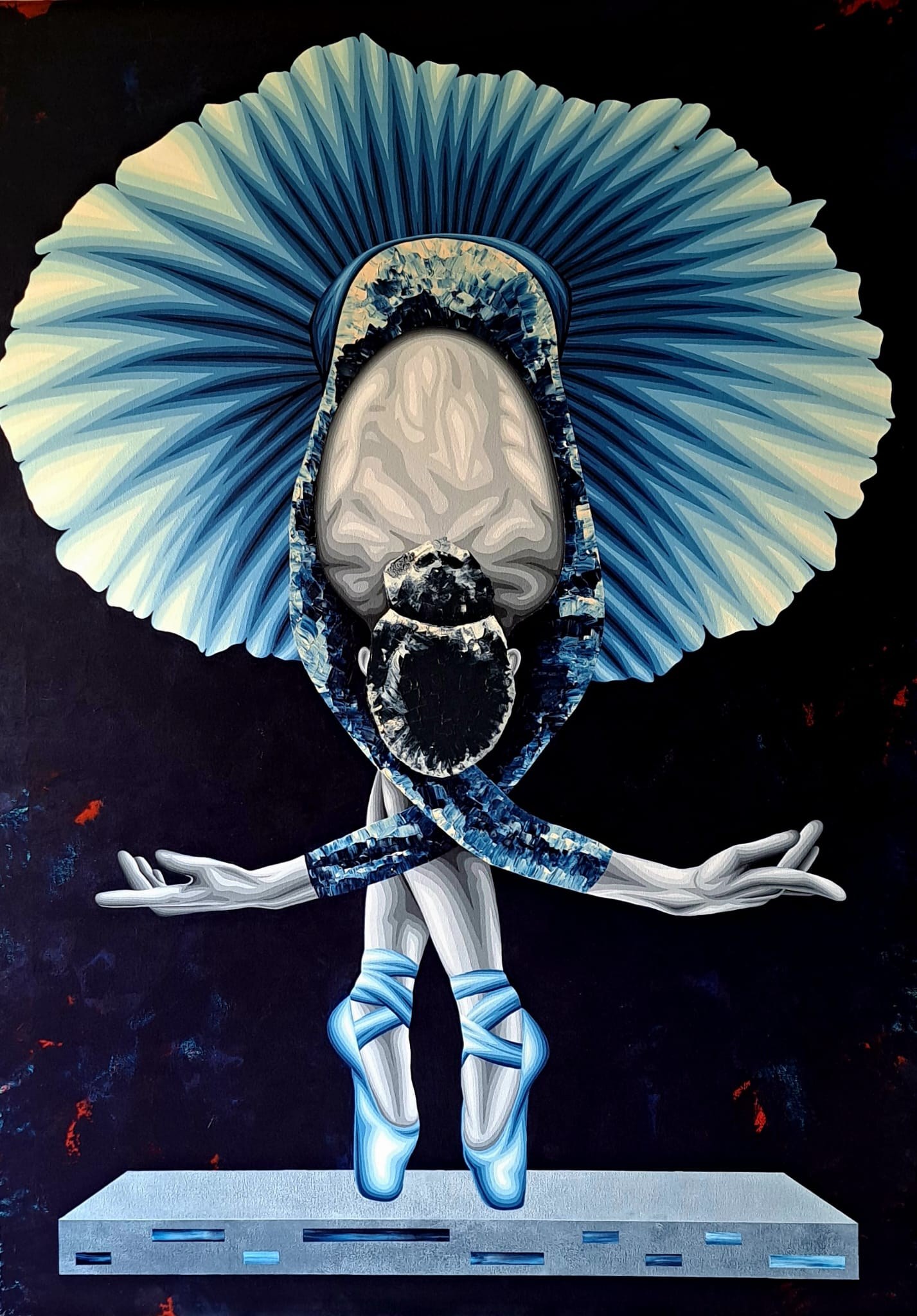 Abstracted ballet dancer on pointe in second position, head featureless, wearing enormous blue-striped ruff collar and pointe shoes, against black ground.