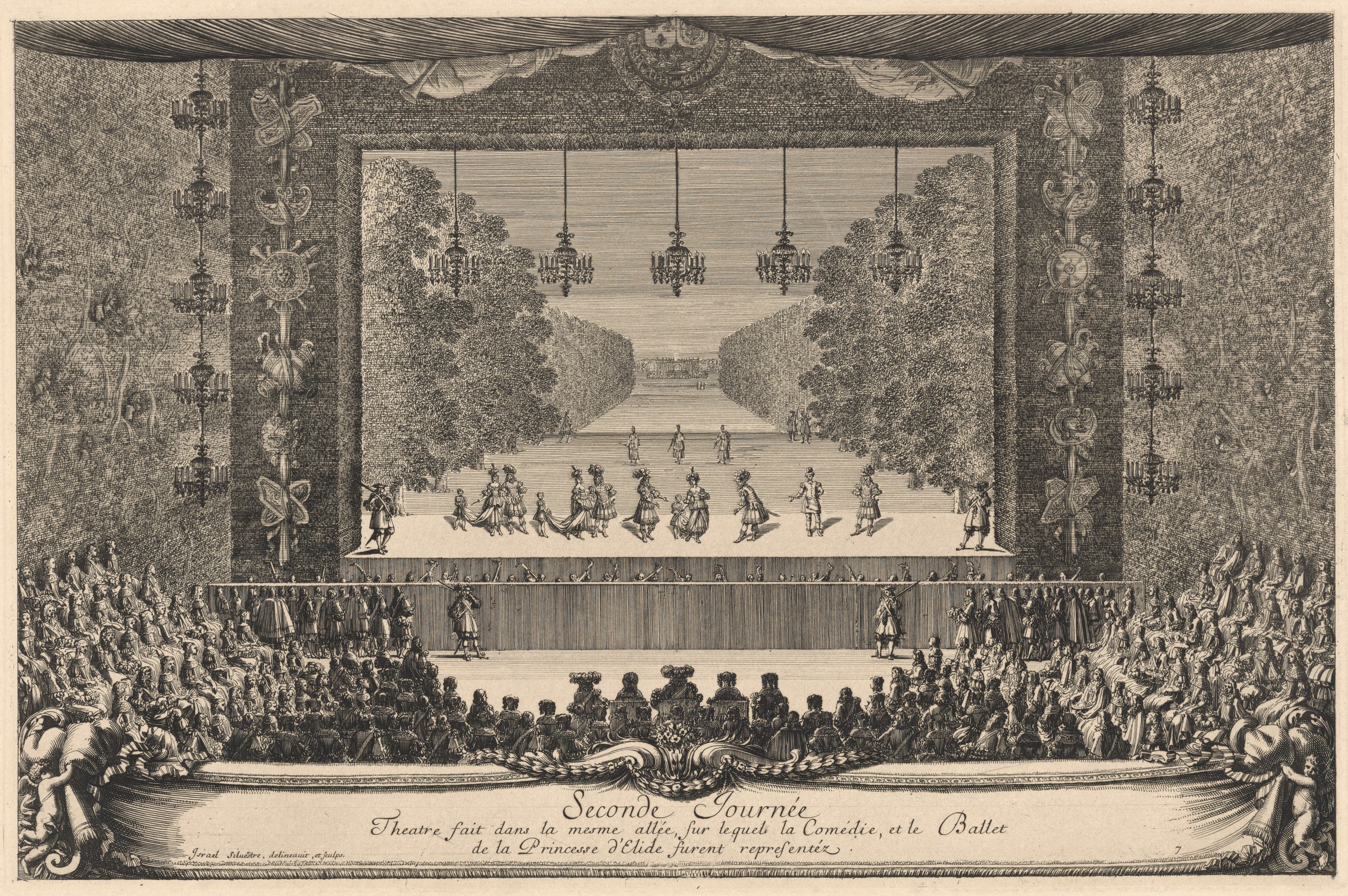 Engraving showing a grand theatrical performance in a palace gallery, with dancers on an elevated stage and a crowded audience below in 17th-century court