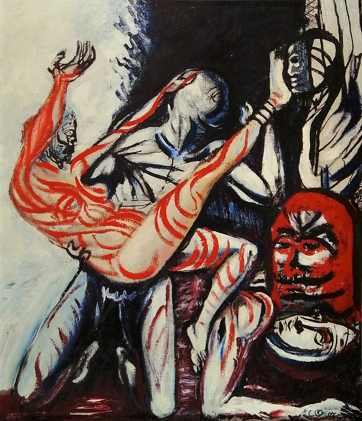 Expressionist oil painting of a masked dancer in balletic pose amid red fabrics and floating theatrical masks.