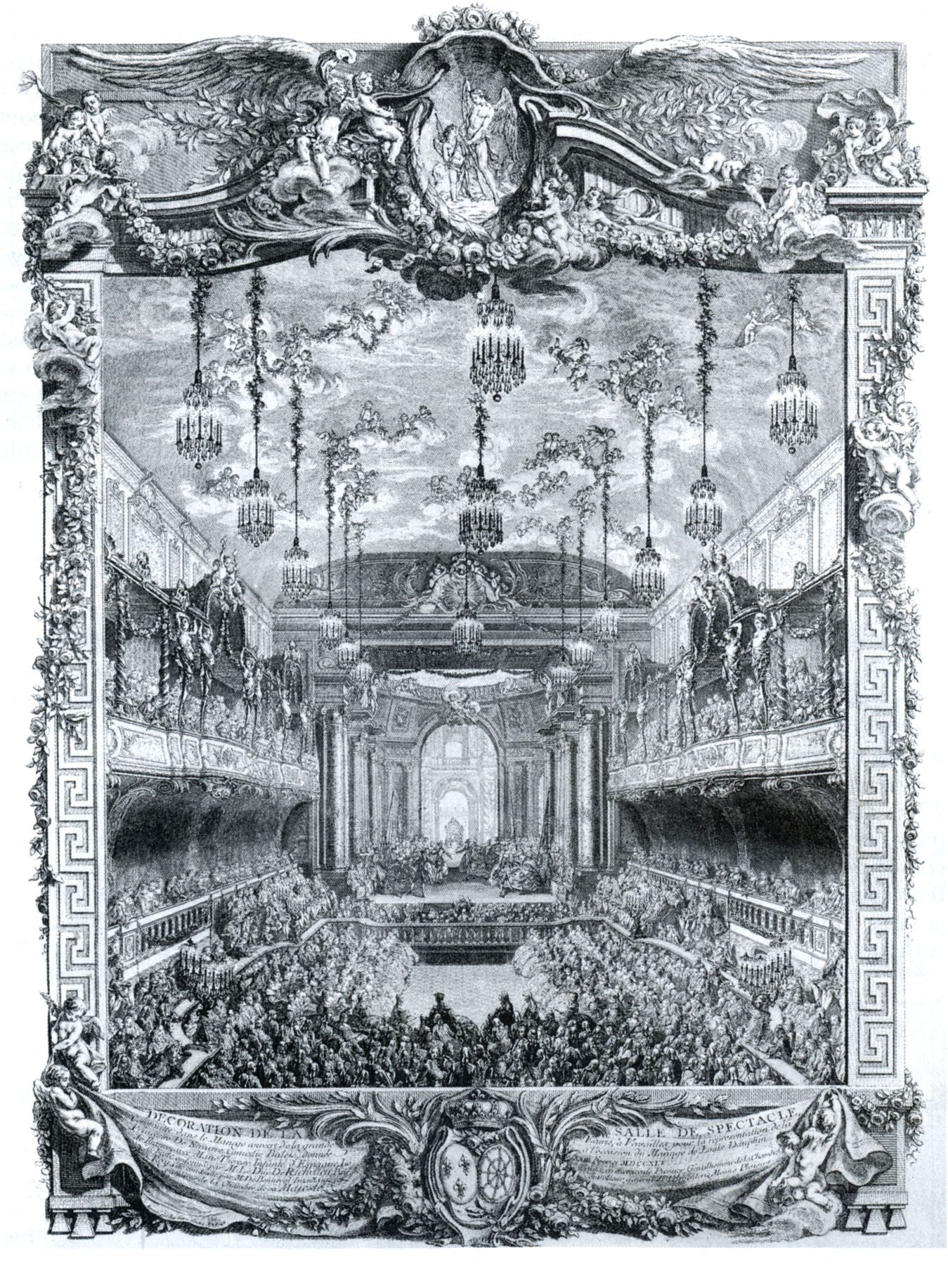 Engraving of a grand theatre interior filled with courtiers, viewing a distant stage where dancers perform among columns and chandeliers.