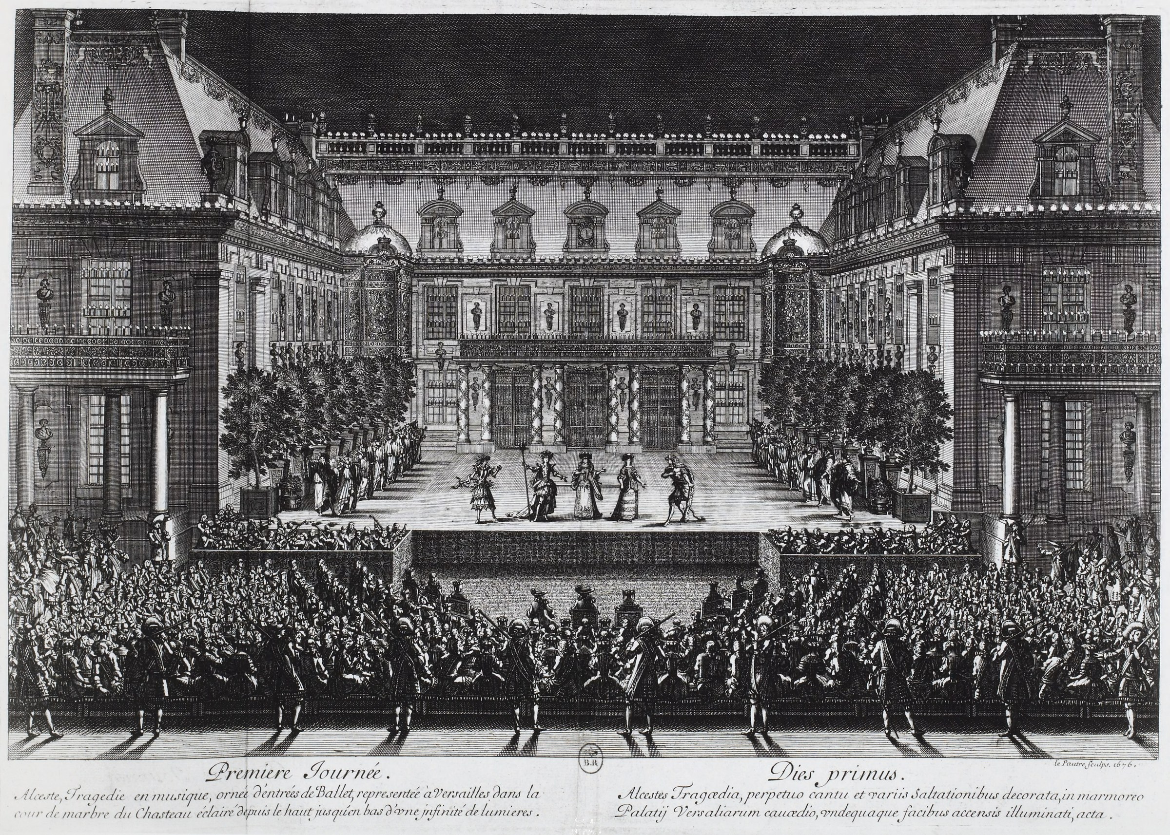 Engraving of a baroque opera and ballet performance in the courtyard of Versailles, with performers on a central stage and spectators and soldiers arranged in