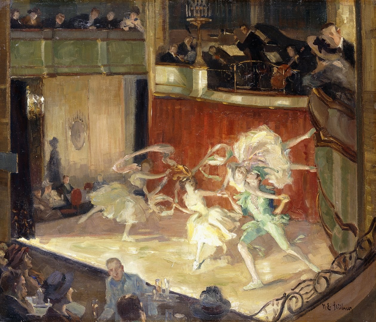 Oil painting of male acrobat in green tights suspended mid-leap among female dancers in white tunics on a stage, with orchestra and tiered audience above.