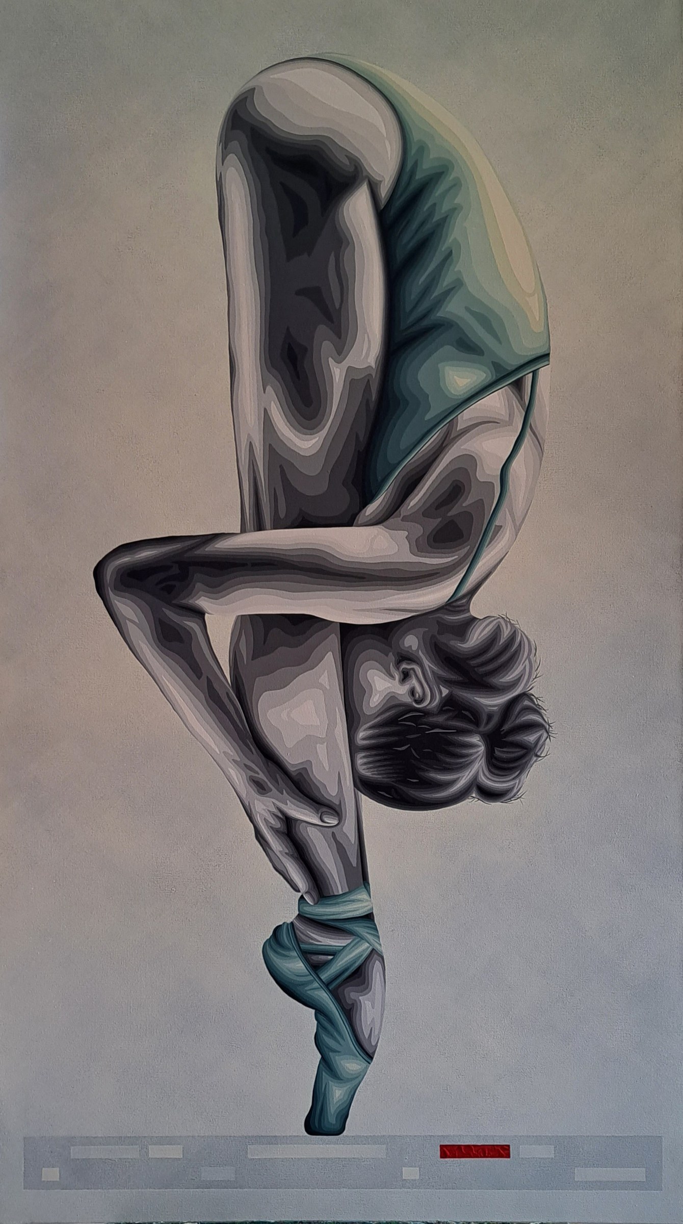 Oil painting of a single dancer inverted vertically, head down and legs extended upward, with teal fabric draped around shoulders.
