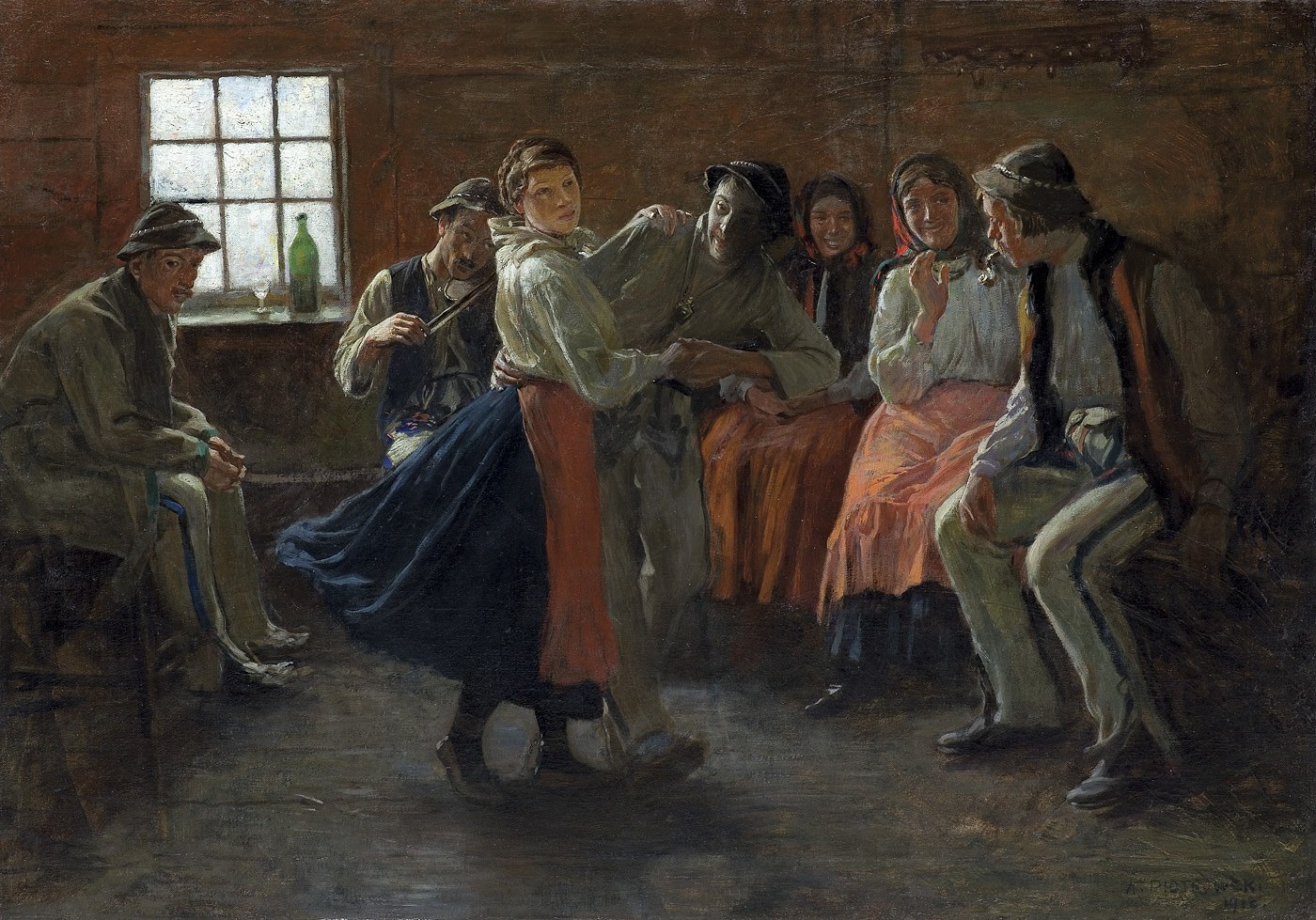Oil painting of eight figures in folk dress gathered in a wooden room, two dancing in the center while others play music and watch.