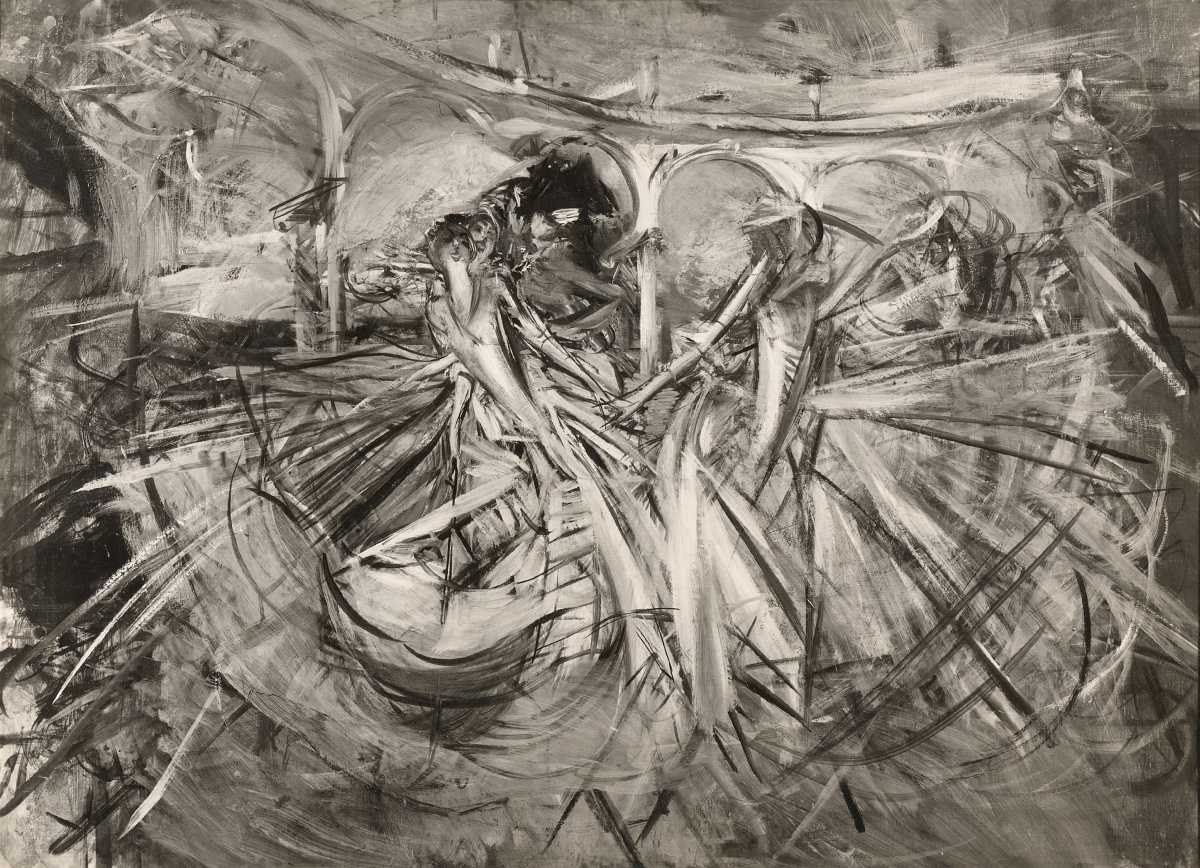 Monochromatic oil painting of swirling couples in flowing garments, rendered in loose brushwork to capture the sensation of dance in motion.