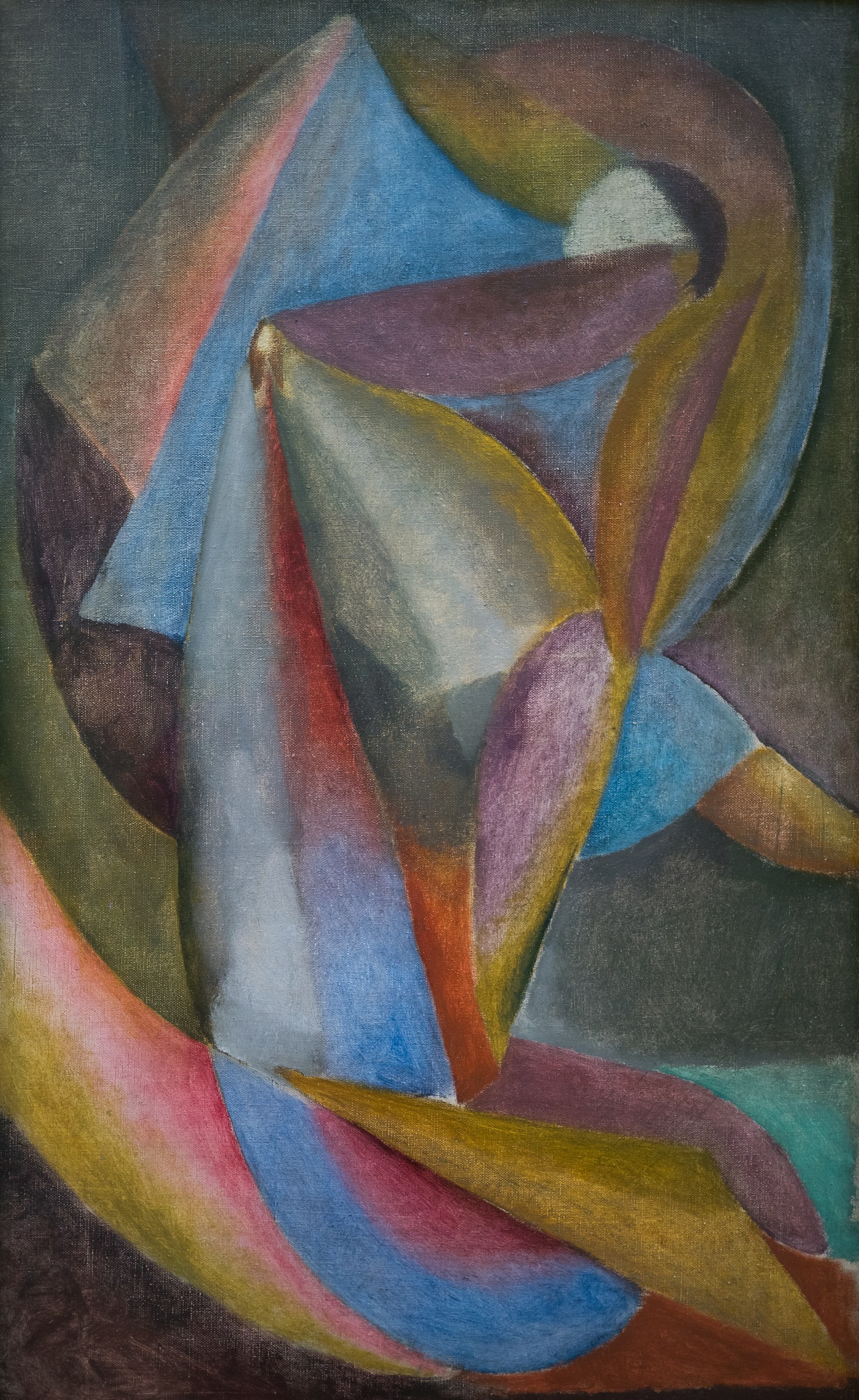 Oil painting of a single dancer fragmented into rotating planes of blue, purple, ochre, and flesh tone, captured mid-twist in a Cubist abstraction.