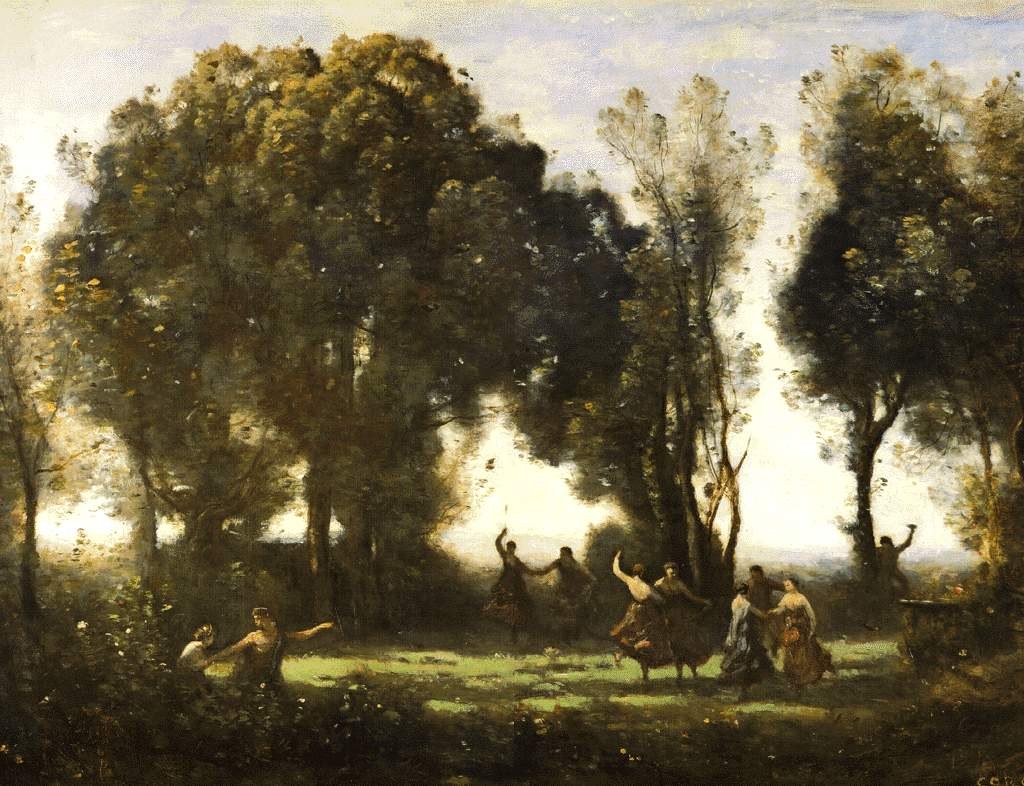 Oil painting of robed figures dancing in a sunlit forest clearing, surrounded by tall trees in golden light.