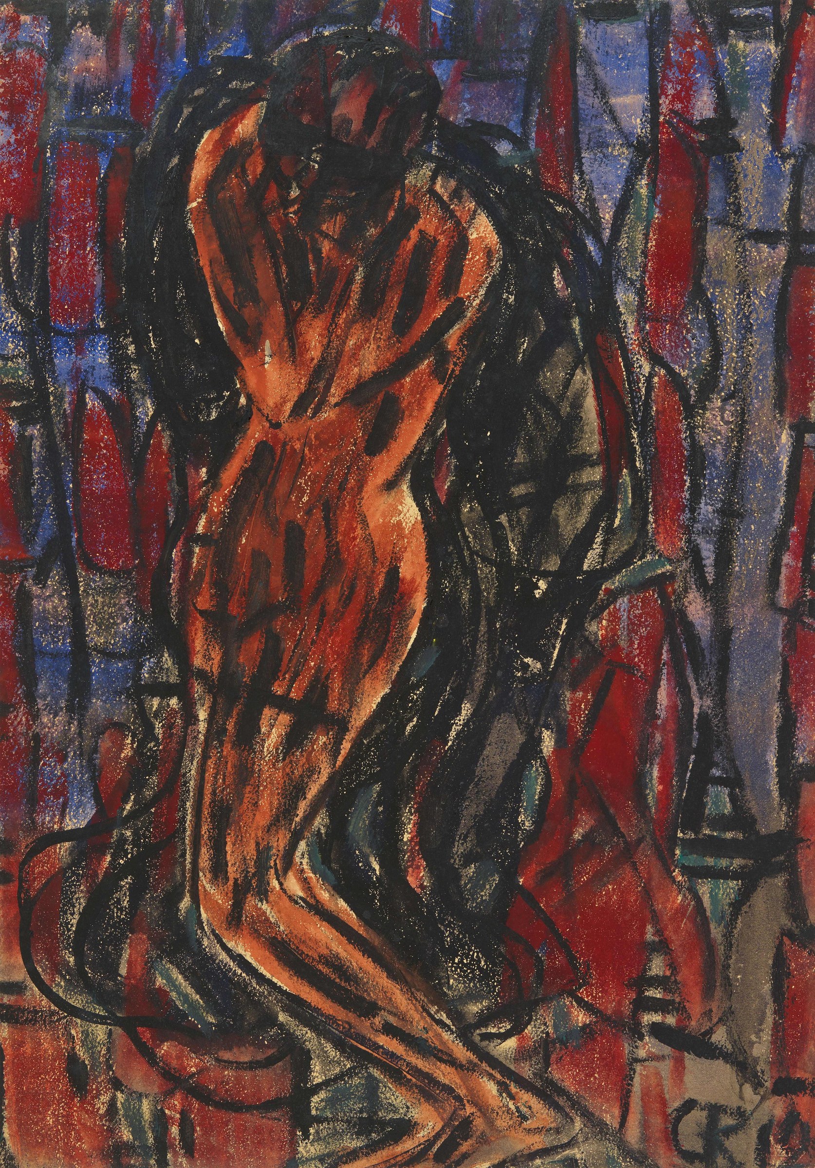 A solitary dancer with arched, twisted torso and open arms rendered in golden and orange tones against a fragmented blue and red background.