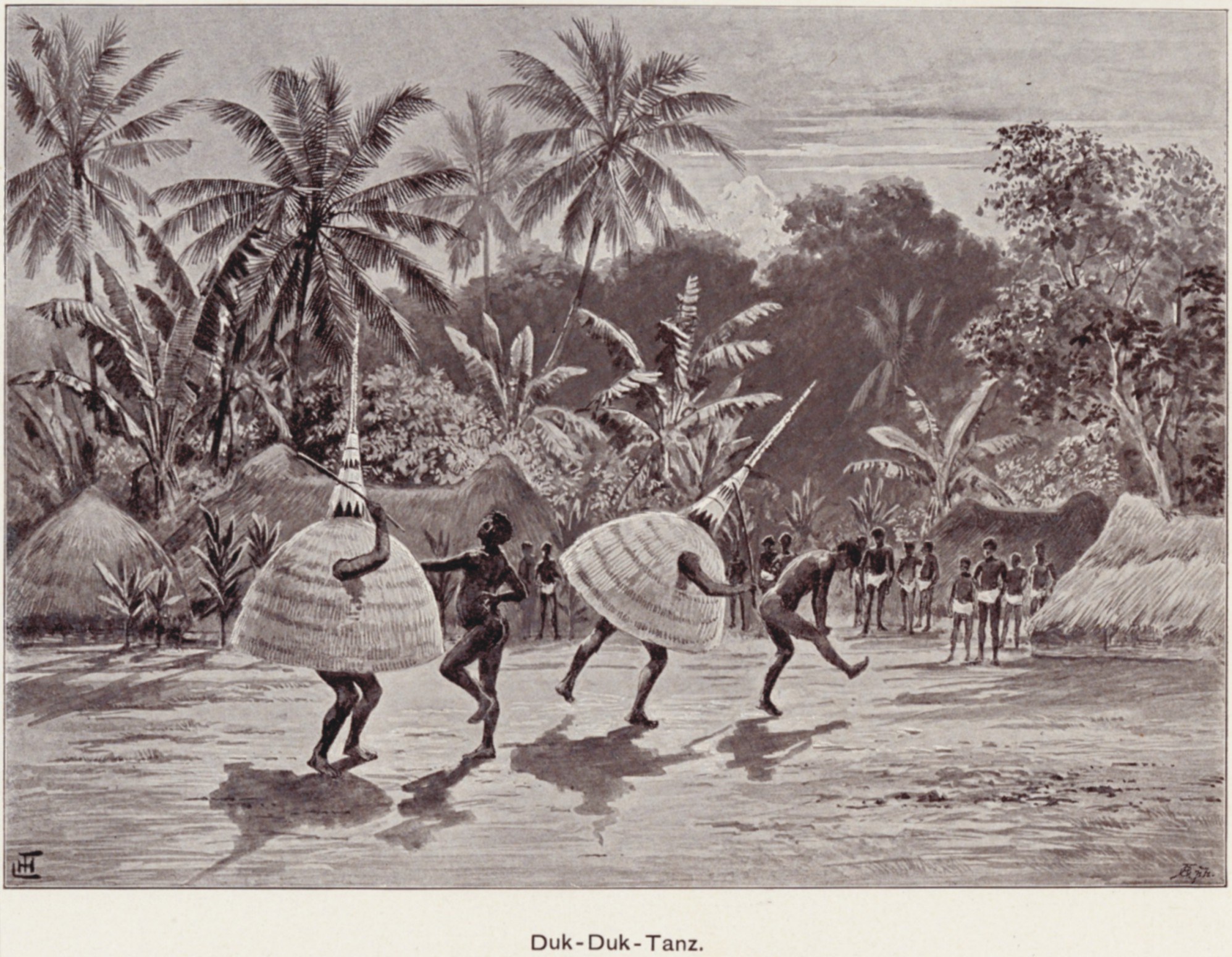 Three male dancers in large conical shield-shaped costumes perform in a tropical clearing, bent-kneed and arms raised, with onlookers visible in the background.