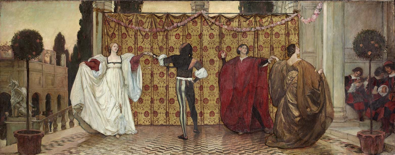 Formally dressed figures in Renaissance costume stand in a ceremony before a gold-and-crimson curtain in a classical interior.