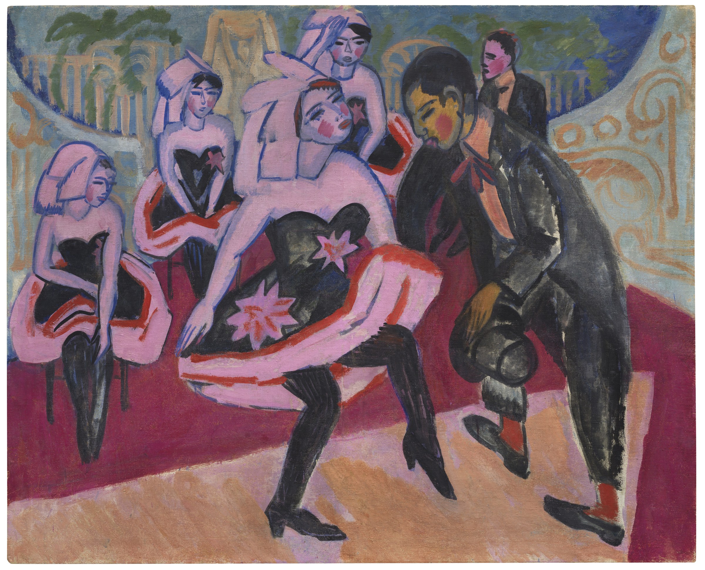 Expressionist painting of semi-nude figures in a cabaret, with a central dancer in an arched pose surrounded by clothed observers in a decorated interior.