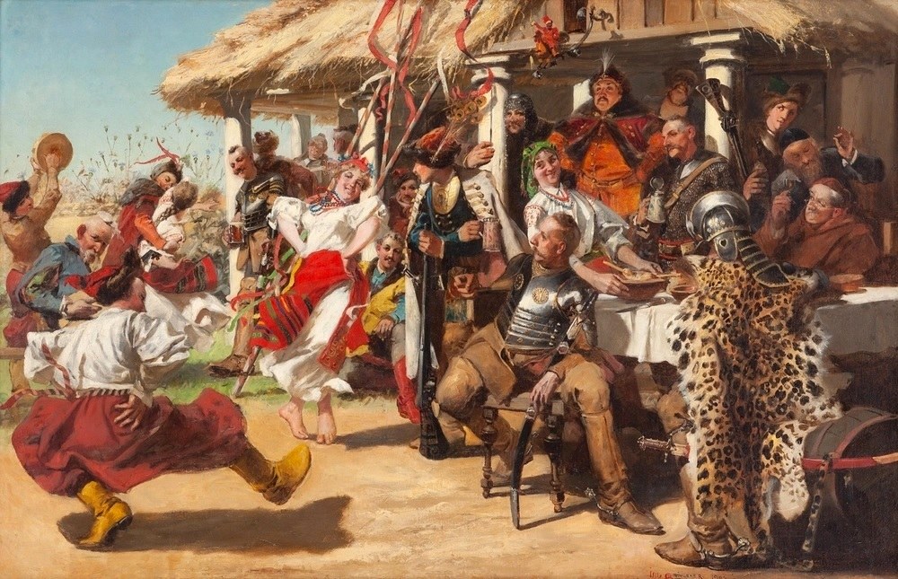 A woman in a red skirt leaps with arms flung wide amid a crowd of onlookers in costume at a village tavern, while a leopard stands tethered nearby.