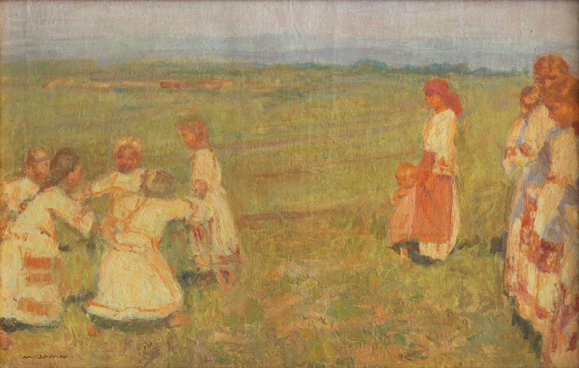Oil painting of figures in traditional Eastern European embroidered dress gathered in a sunlit meadow, rendered in soft impressionistic style.