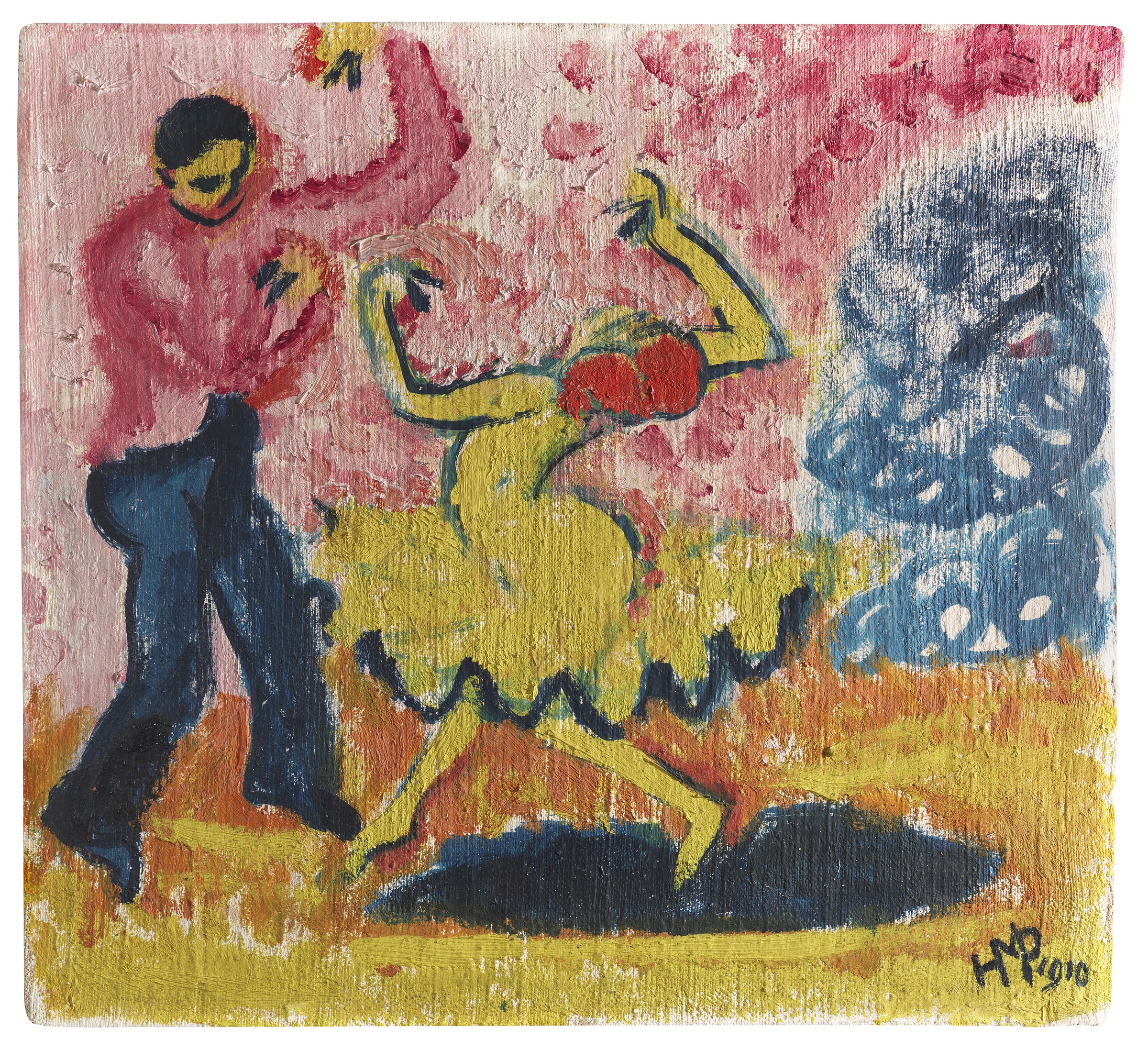 Three figures in dynamic poses against a colorful landscape: a central yellow-bodied dancer leaps with raised arms; a dark blue figure lunges left; a