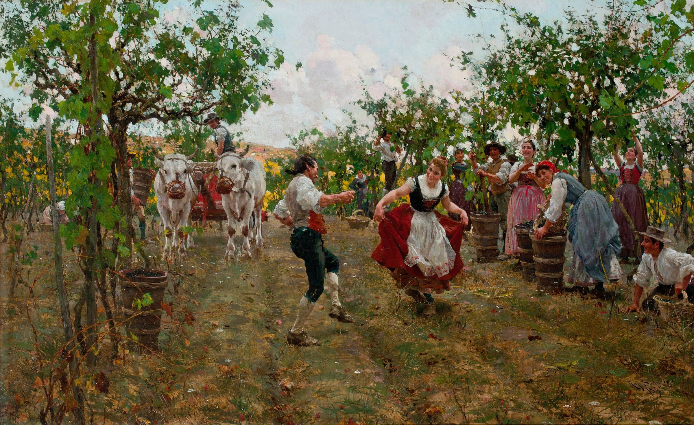 Women and men in traditional dress dance and celebrate in a sunlit vineyard at harvest time, surrounded by grape vines and work baskets.
