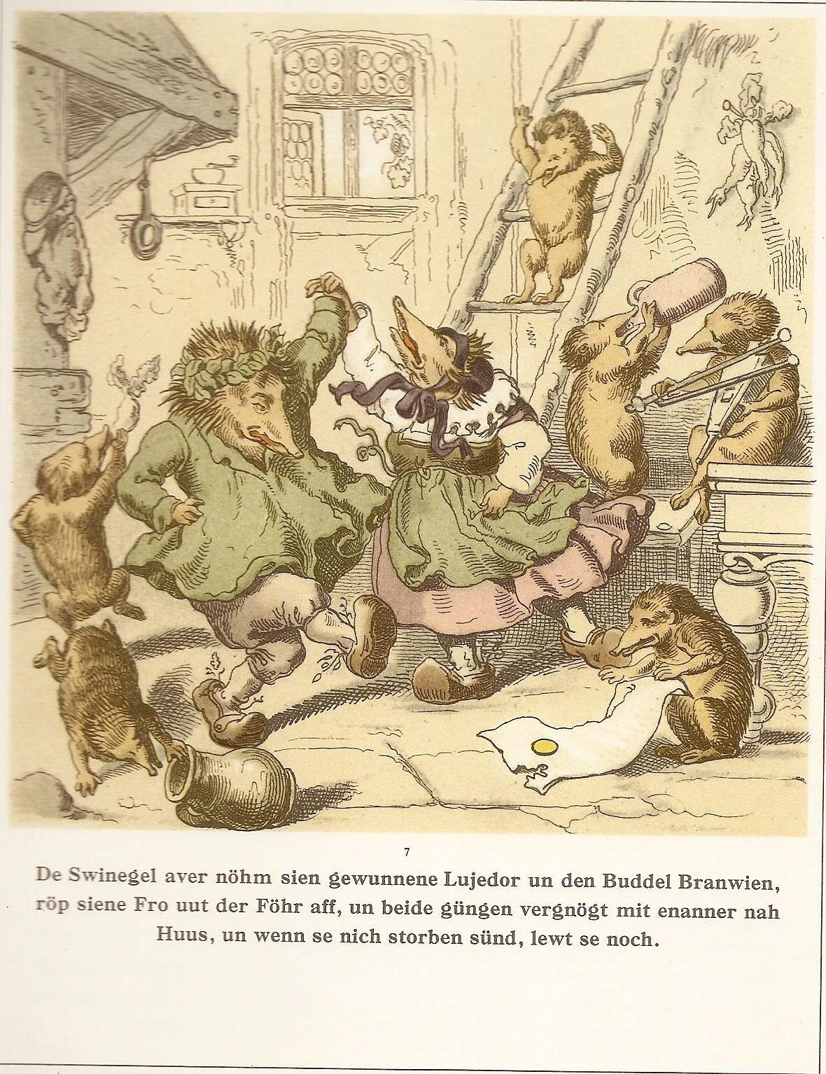 Engraving showing anthropomorphic animals in human dress enacting a chaotic domestic scene inside a cottage.