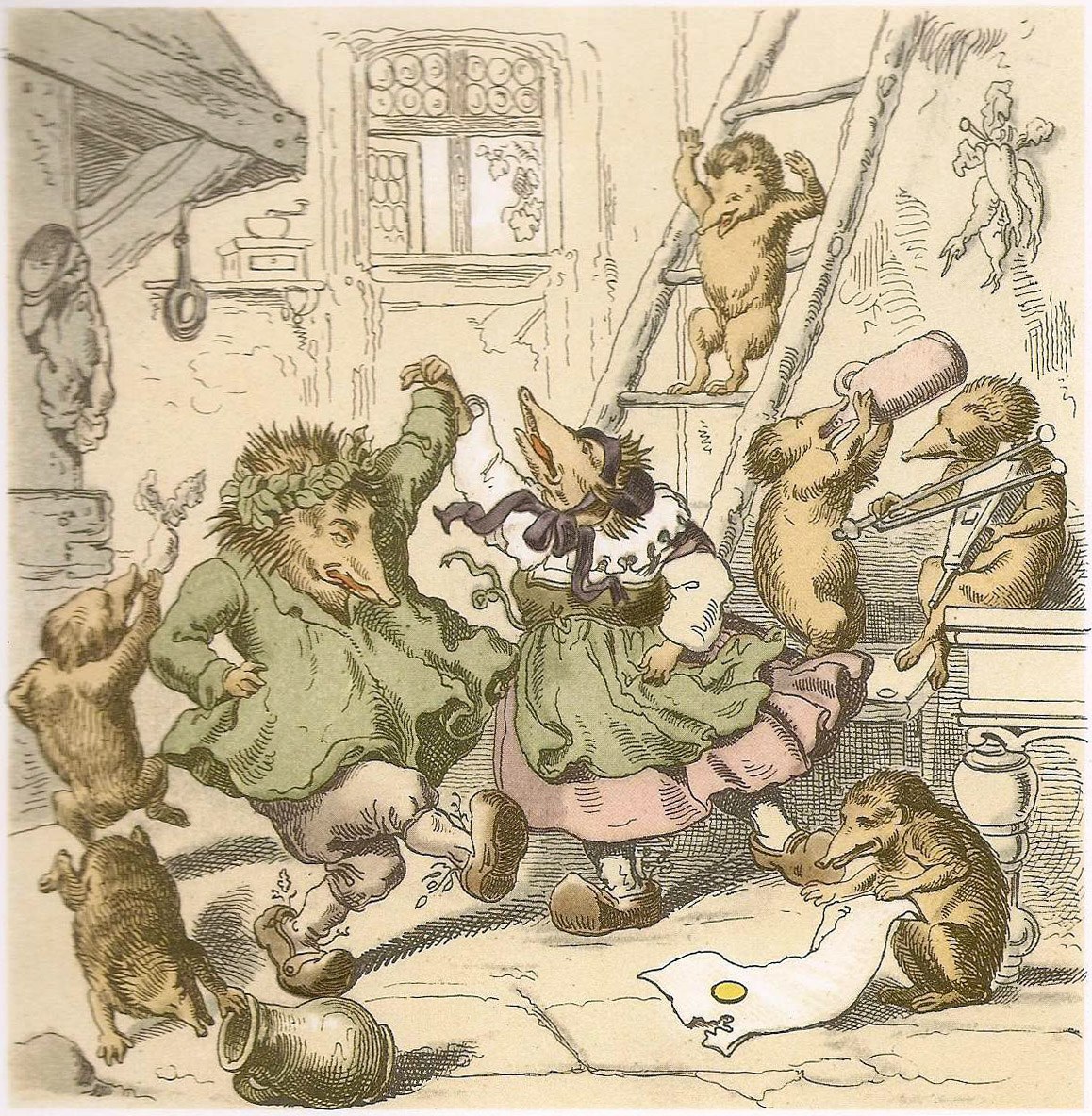 Hand-colored engraving showing crowded indoor carnival scene with masked animal-headed figures climbing poles and two green-dressed human figures amid chaotic