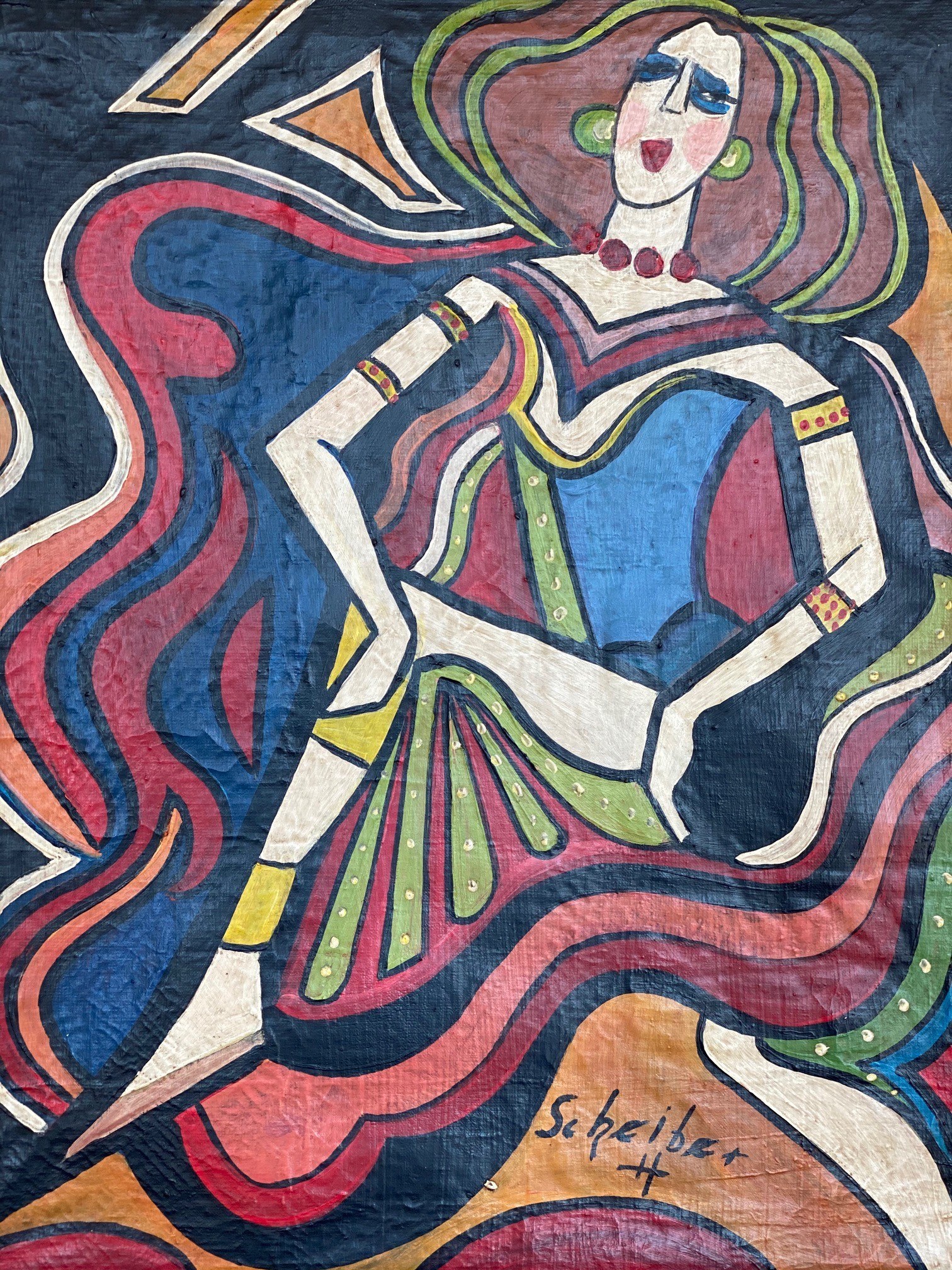 Twisted female dancer in blue dress and white leggings, eyes closed, surrounded by abstract curves of red, blue, and green, oil painting by Scheiber.