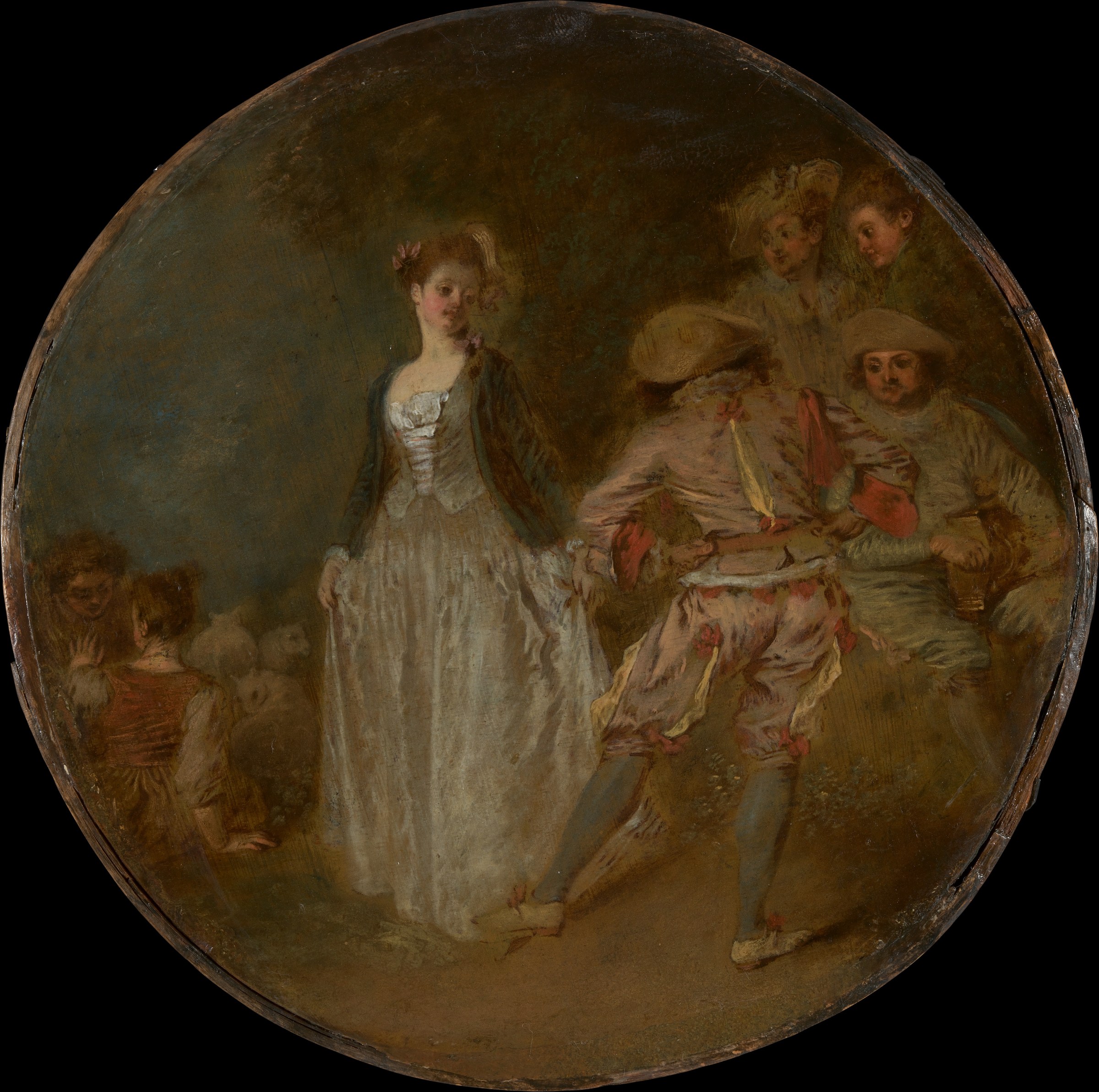 An elegantly dressed woman in white stands apart, observed by three men in exotic plumed costumes in a Rococo interior.