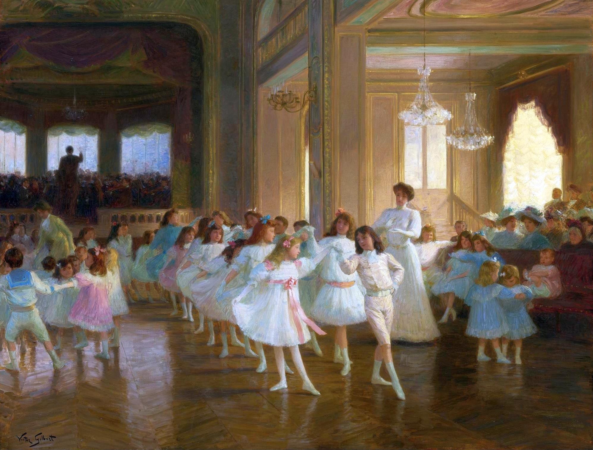 Young dancers in white dresses arranged in a grand gilded ballroom lit by tall windows and chandeliers, supervised by adults in dark dress.