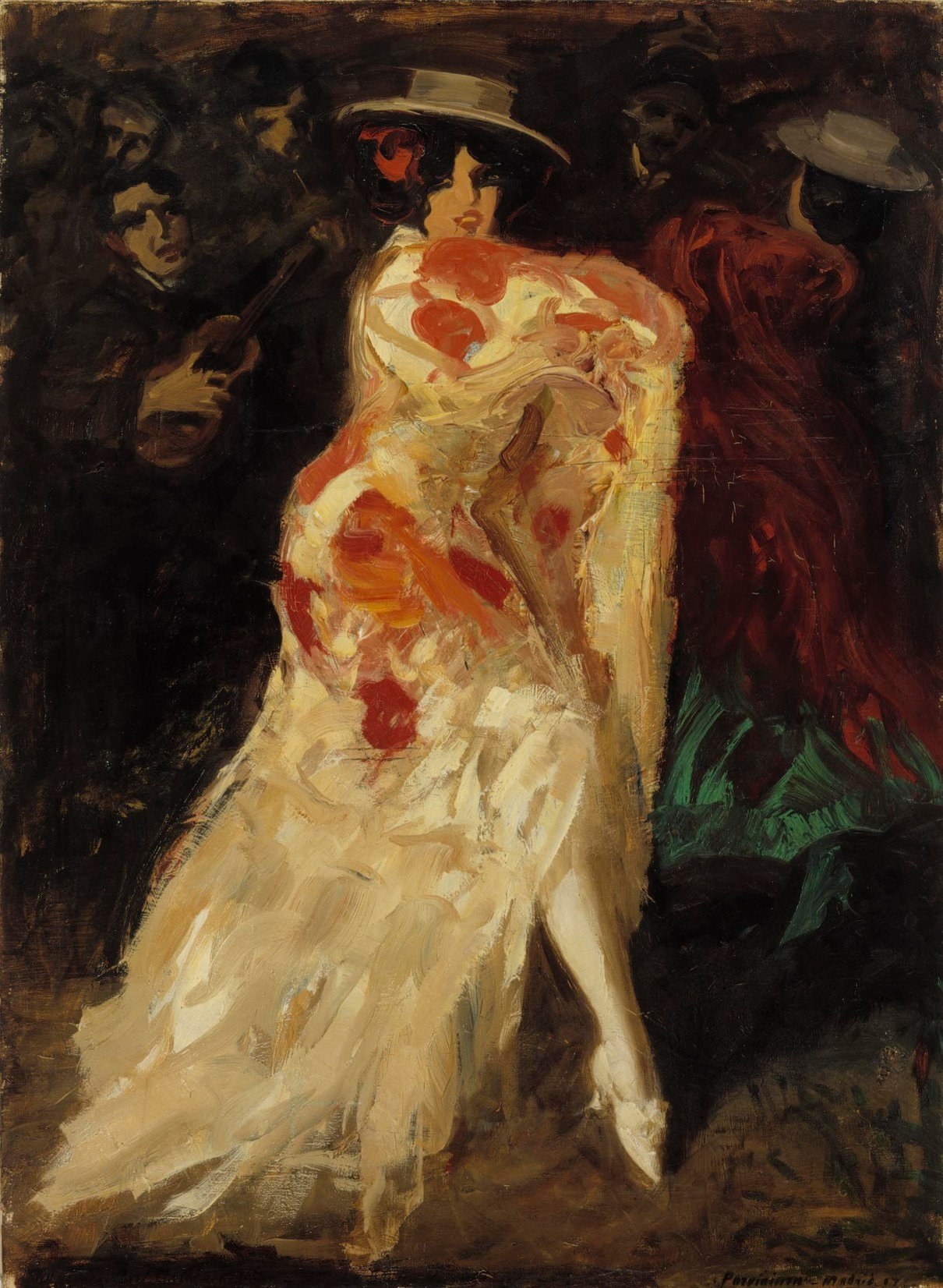 Woman in white dress with red patterns stands centered, wearing hat and sunglasses, surrounded by shadowy male figures in dark suits in a dimly lit interior.