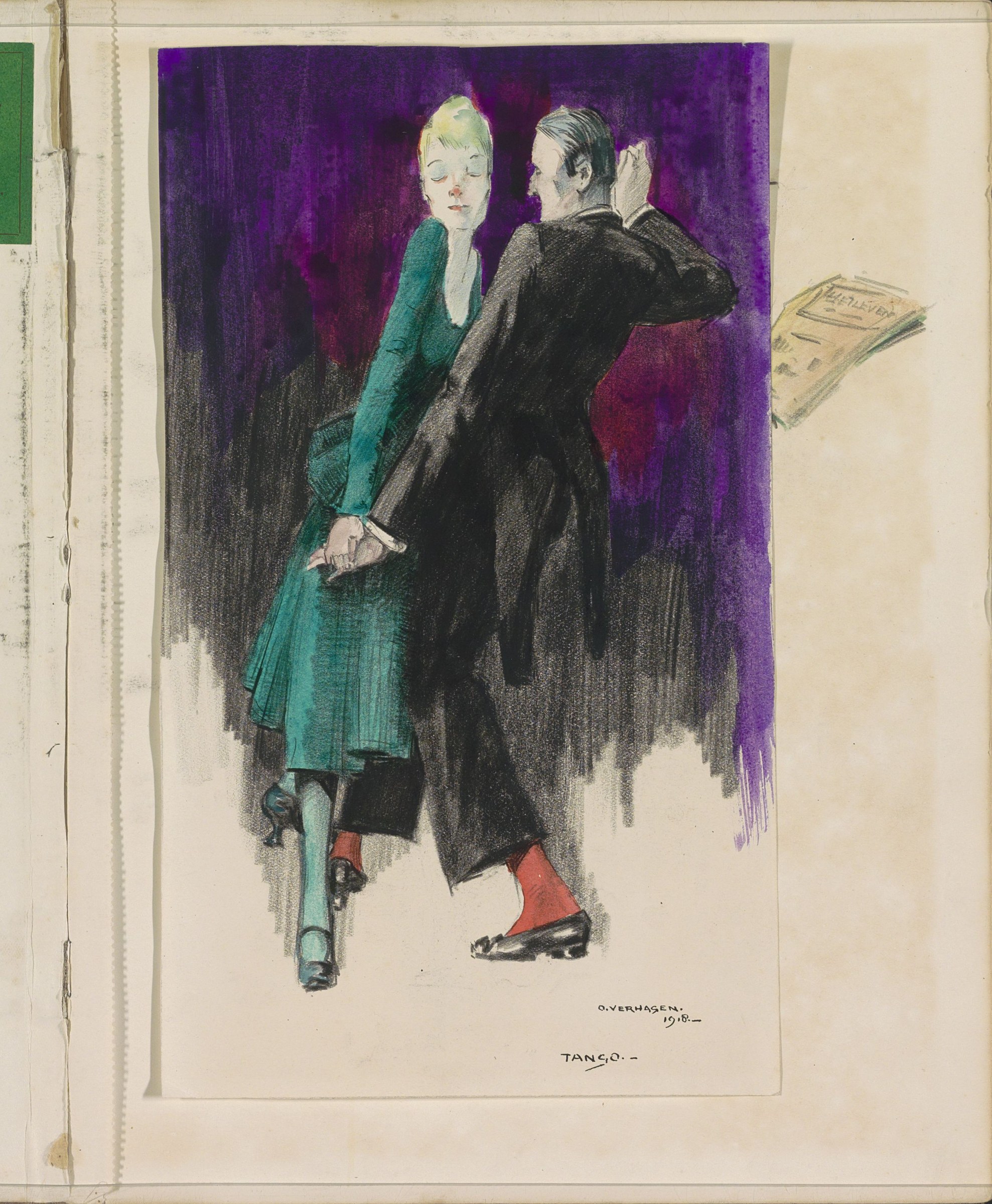 A man and woman in formal dress dance in close embrace against a purple background; the woman's eyes are closed, the man's hand raised.