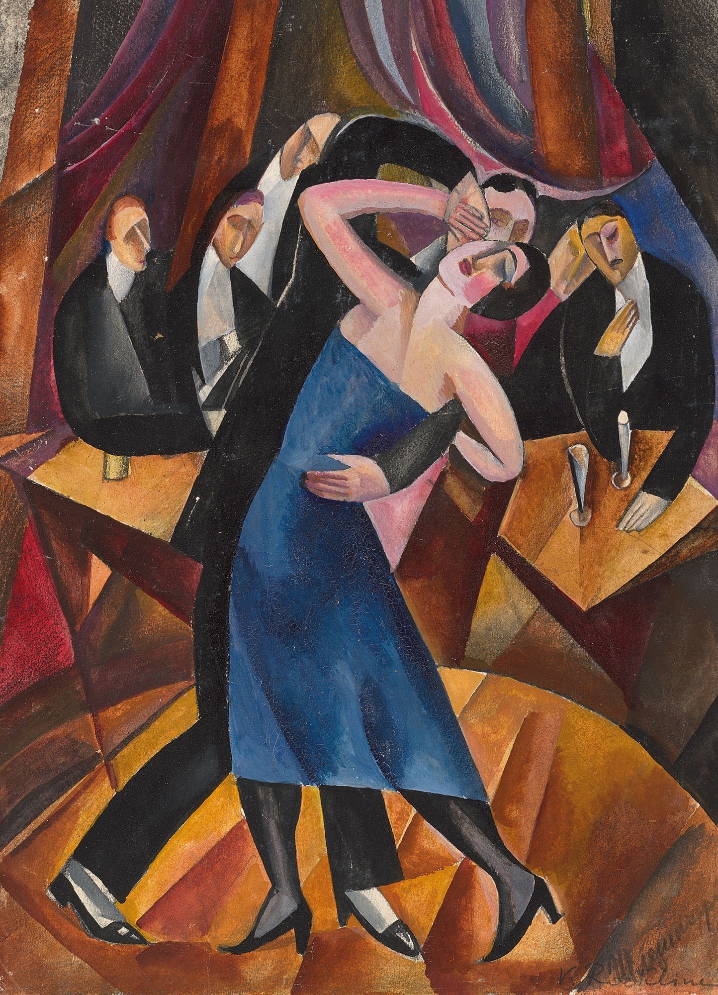 A modernist watercolor depicting a tango couple in close embrace surrounded by five formally dressed onlookers against a background of rich, geometric drapery.