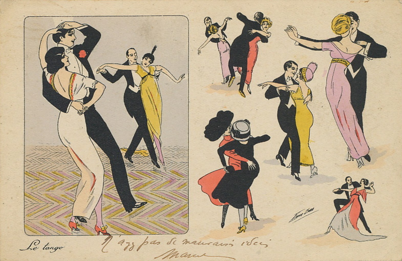 Two couples in tango embrace, man leaning back, woman in white dress following; frieze of six dancing couples in colorful dress on right.