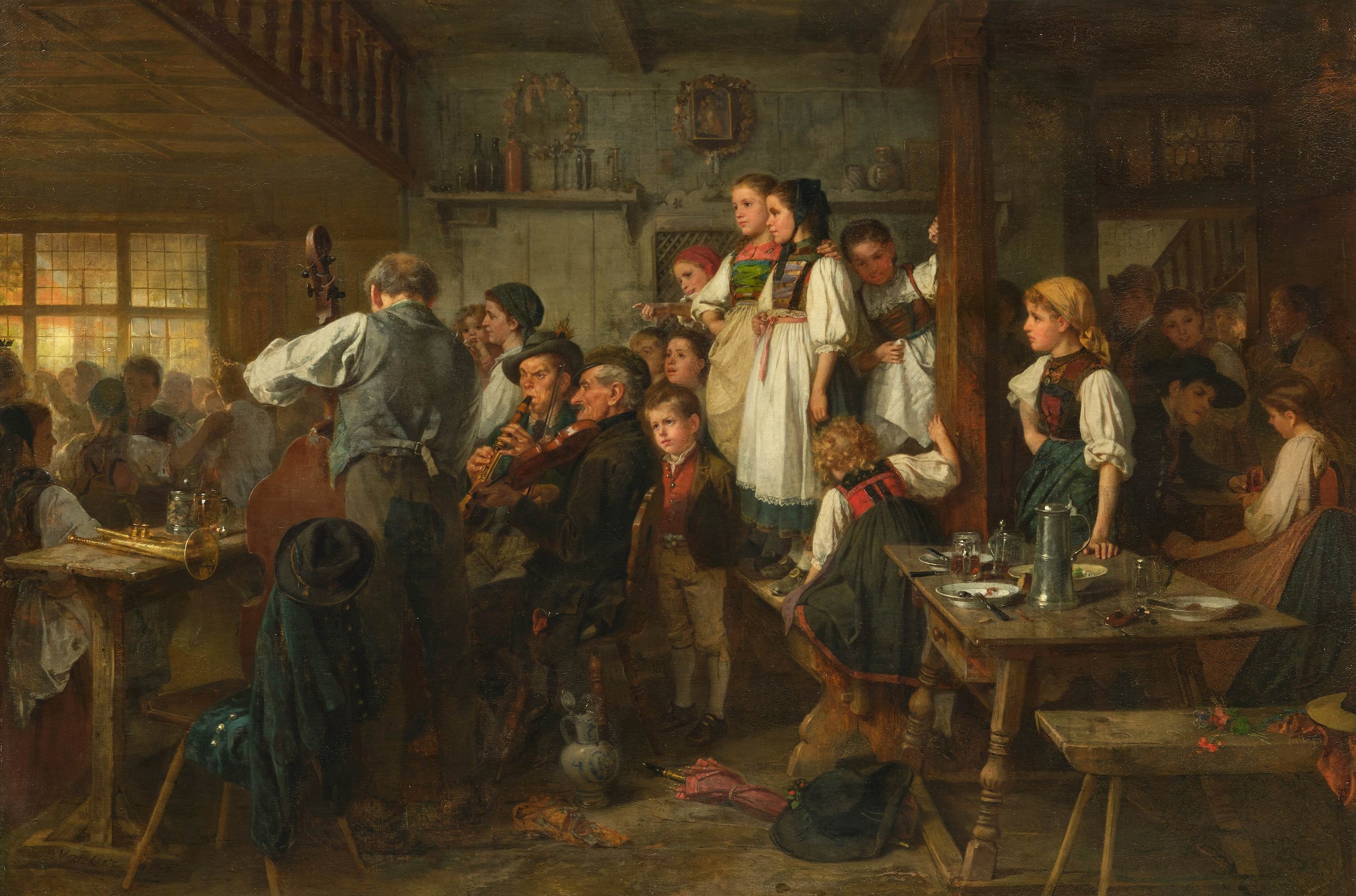 A crowded cottage interior with musicians playing bagpipes and other instruments surrounded by villagers in traditional Alpine dress, celebrating together.