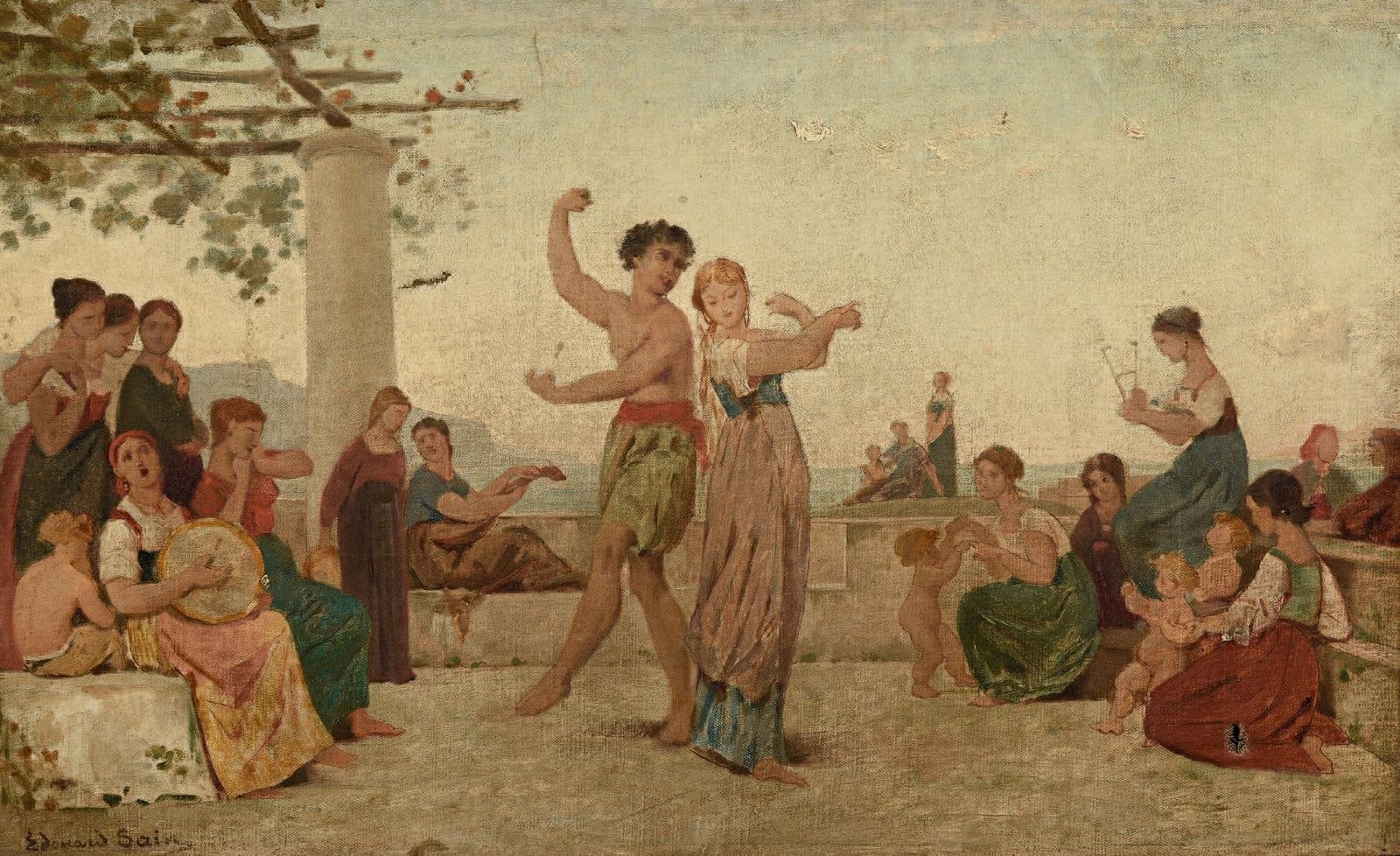 Oil painting of two dancers in a sunlit Mediterranean courtyard surrounded by seated onlookers, musicians with lyres and tambourines, and classical columns.