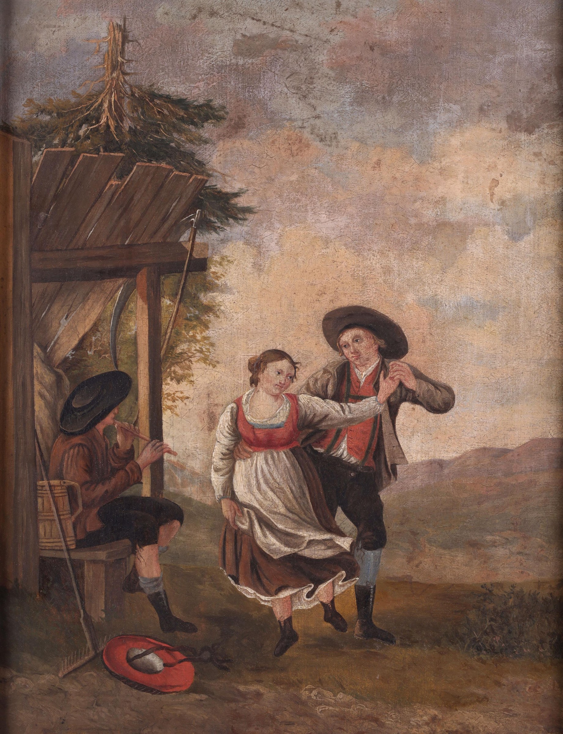 A young man in a brown coat gestures to a woman in a red bodice and cream skirt on a hillside, with a watching child to the left.