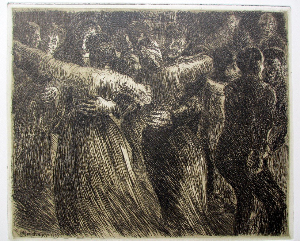 Dense etching of crowded rural dancers in period dress, figures with raised arms and swinging skirts, heavy crosshatching suggesting movement and shadow.
