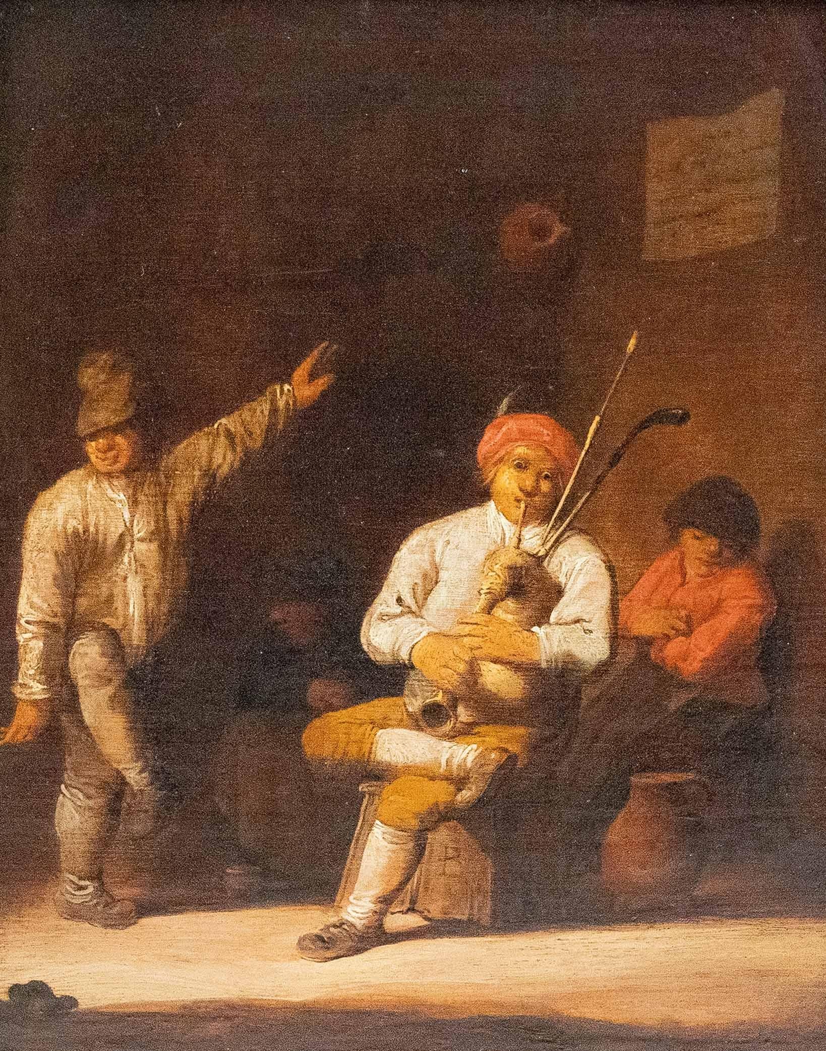 A man in white shirt and yellow breeches dances energetically in a tavern while another man in red cap plays bagpipes and a third watches.