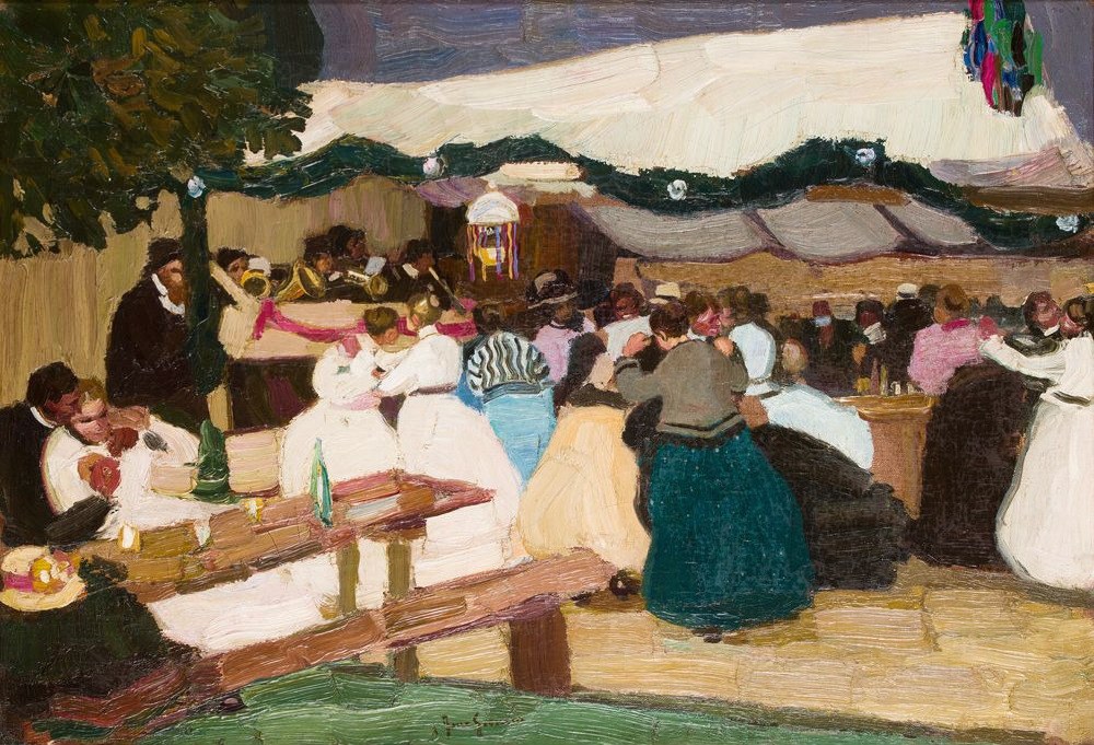 A crowded outdoor festival with couples dancing in formal dress while a brass band plays and people drink and socialize.