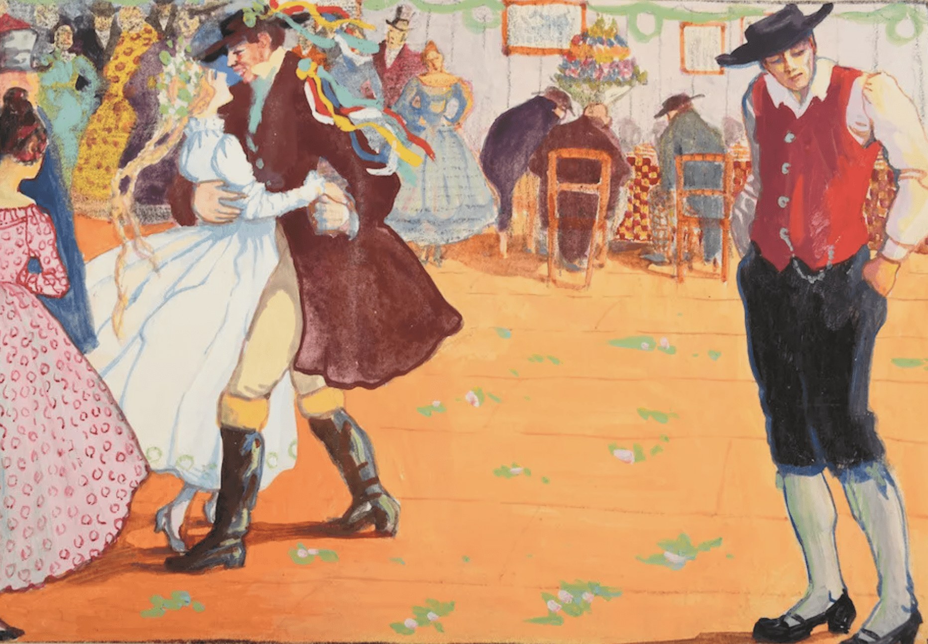 Watercolor of a couple dancing at a folk wedding celebration in decorated interior, surrounded by musicians and spectators in Alpine costume.