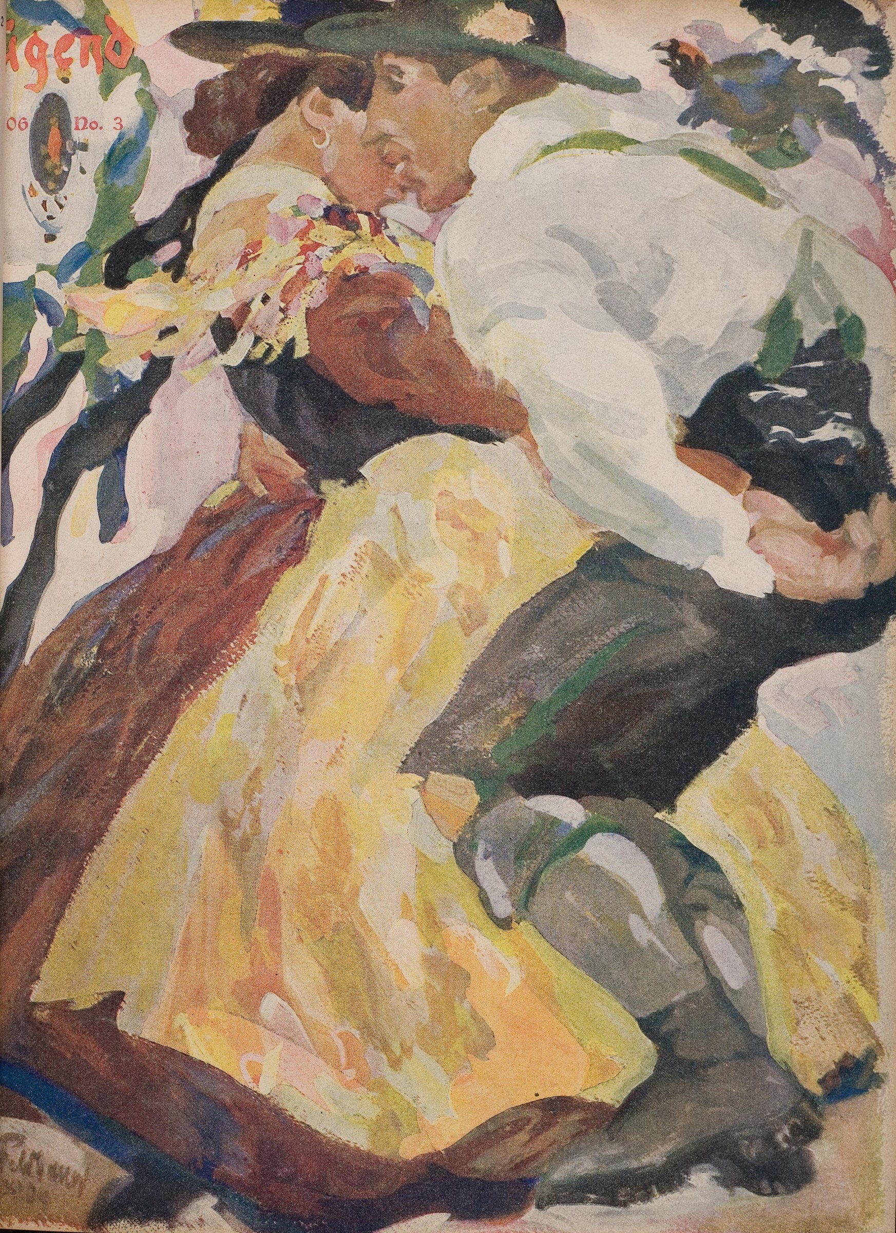 Man in dark jacket and green hat dances with woman in flowing yellow dress in dynamic forward-leaning pose, 1906 magazine cover illustration.