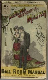 A formally dressed couple in a closed ballroom hold, from the cover of an 1876 dance instruction manual.
