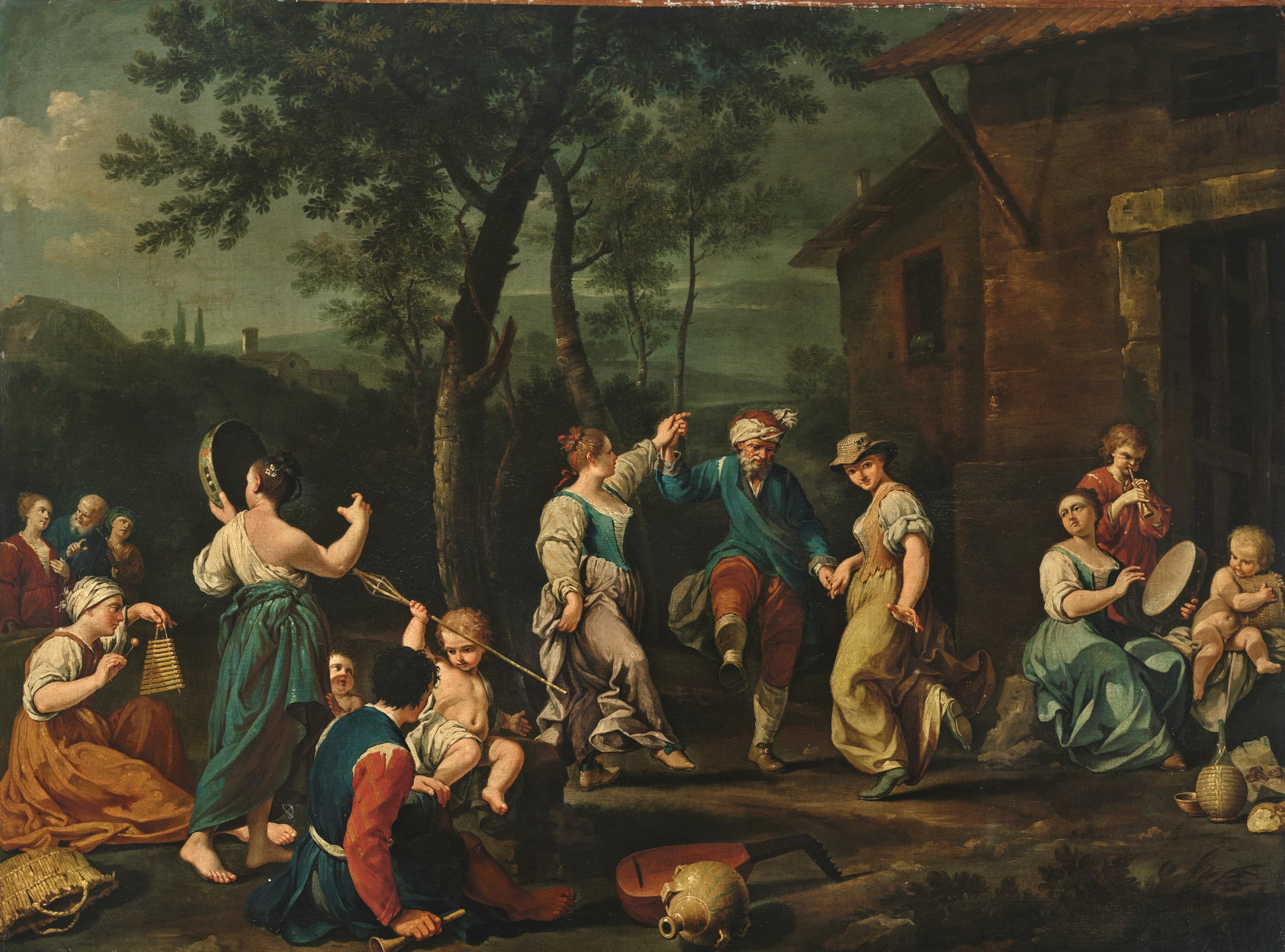 Eighteenth-century oil painting of a peasant festival: women in full skirts and men in breeches dance outdoors near a cottage as musicians play.