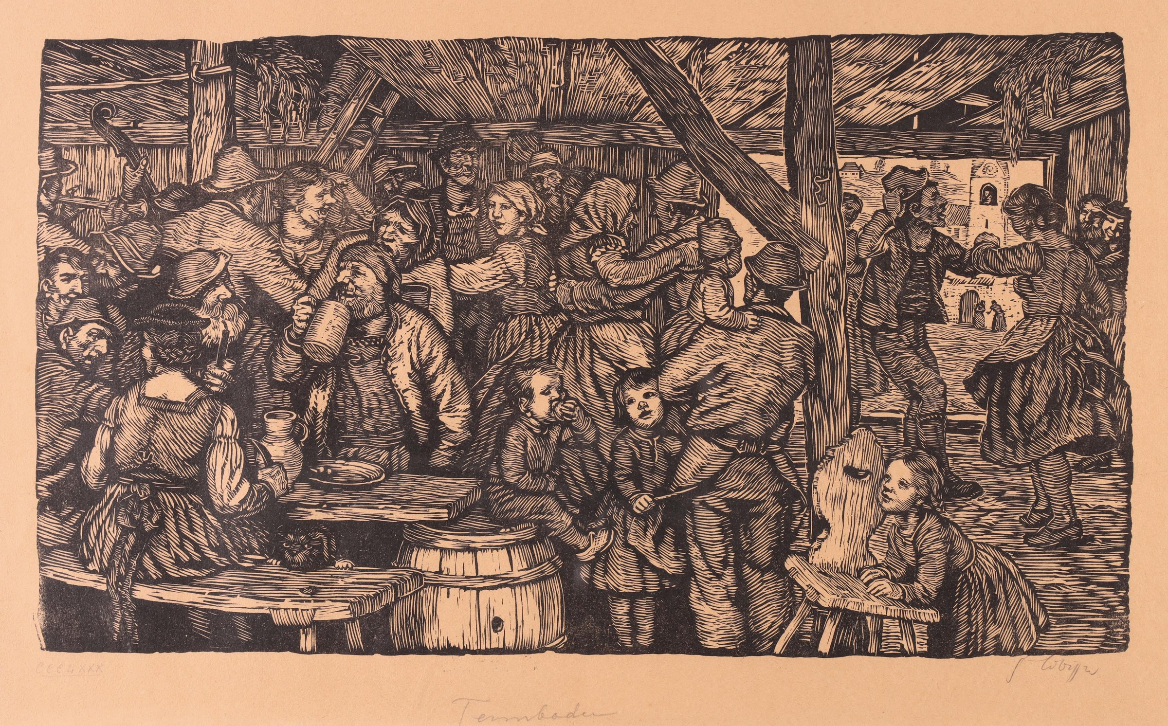 Crowded interior of a timber-framed building filled with men, women, and children in period dress, some dancing with raised arms and turned bodies amid social
