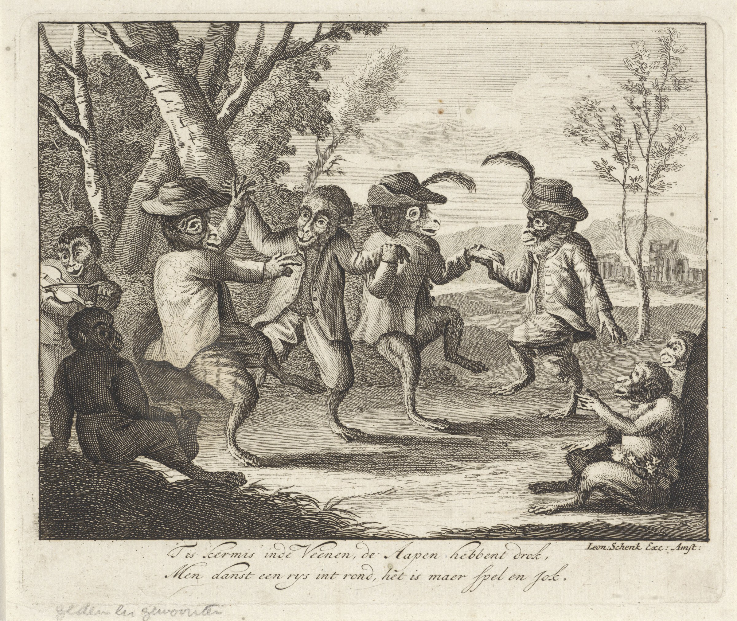Engraving of anthropomorphic apes in hats and formal dress, gesturing animatedly in a wooded landscape.