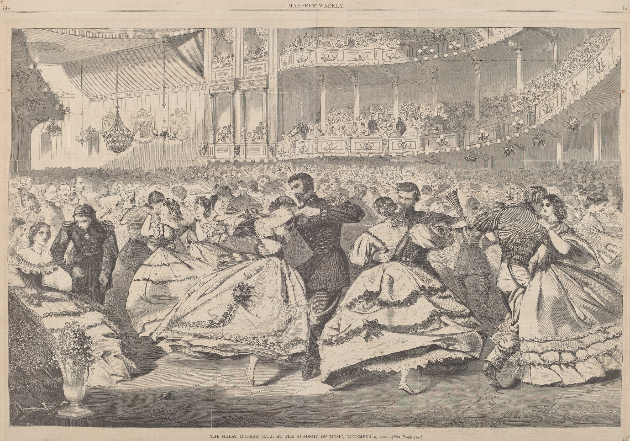 Wood engraving showing hundreds of elegantly dressed dancers and spectators in a grand 1860s ballroom, with military officers and women in full ball gowns