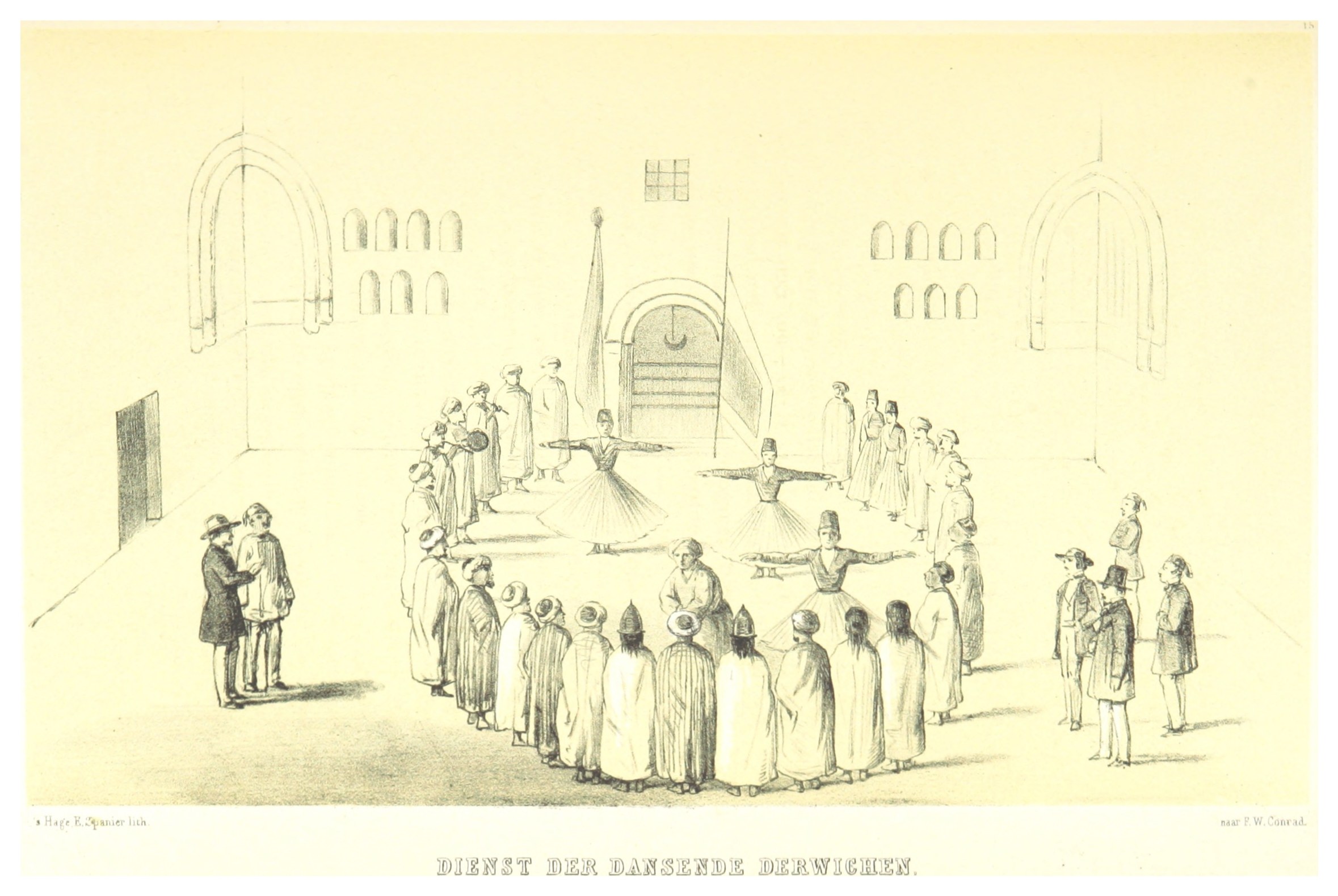 Sepia engraving of Mevlevi dervishes in white robes performing sema with arms extended horizontally, surrounded by formally arranged witnesses in a vaulted