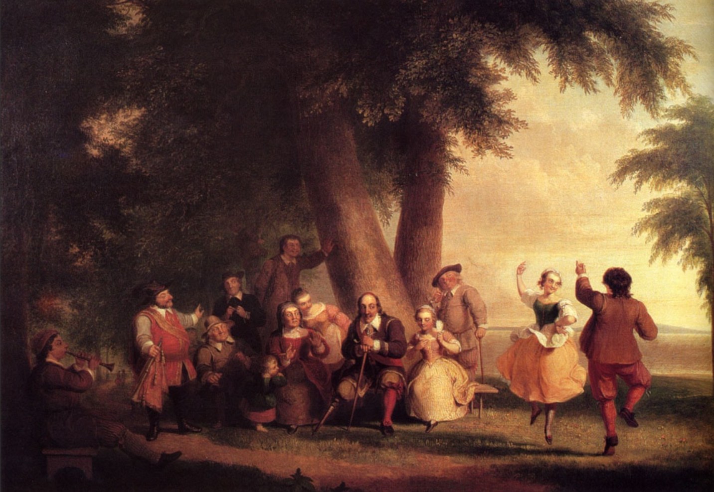 Group of colonists in 17th-century dress gathered beneath tall trees in a sunlit clearing, some figures gesturing or in motion, men and women arranged