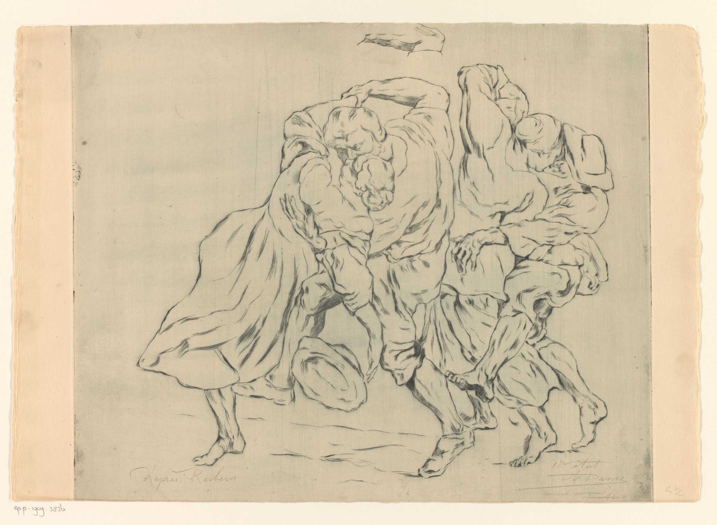 Two couples in peasant dress dancing vigorously, their bodies bent-kneed and low, hands joined, women's skirts billowing outward.