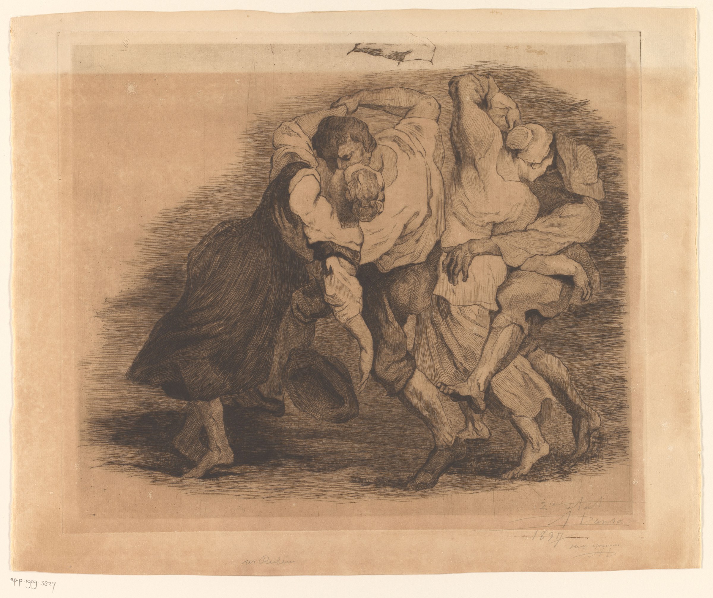 A man in dark clothing leans forward, surrounded by three fleshy cherubs who cling and reach toward him in a composition of entwined bodies.