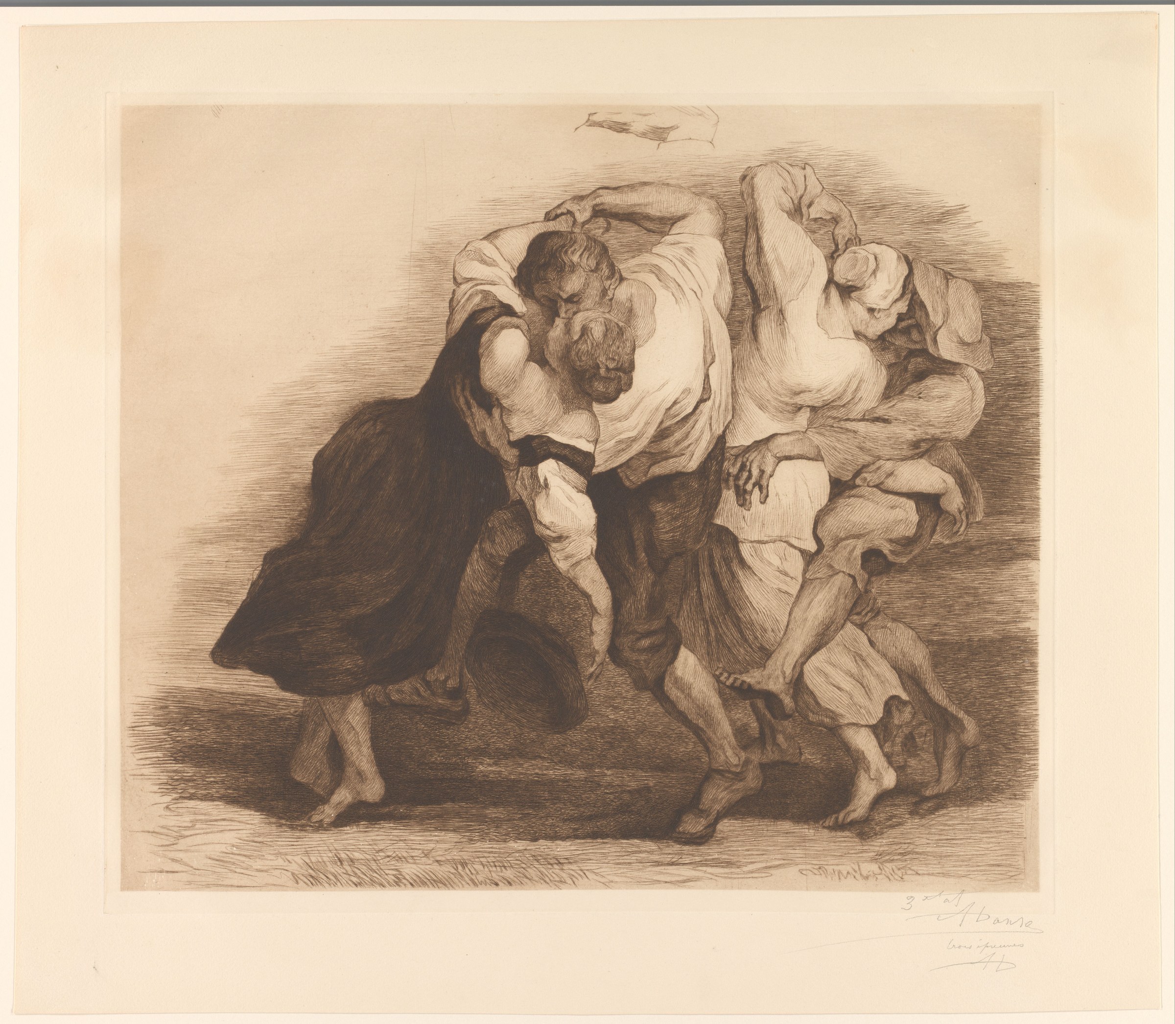 A man in dark coat supports a woman in white drapery who is collapsing or fainting, aided by two small cherubs.