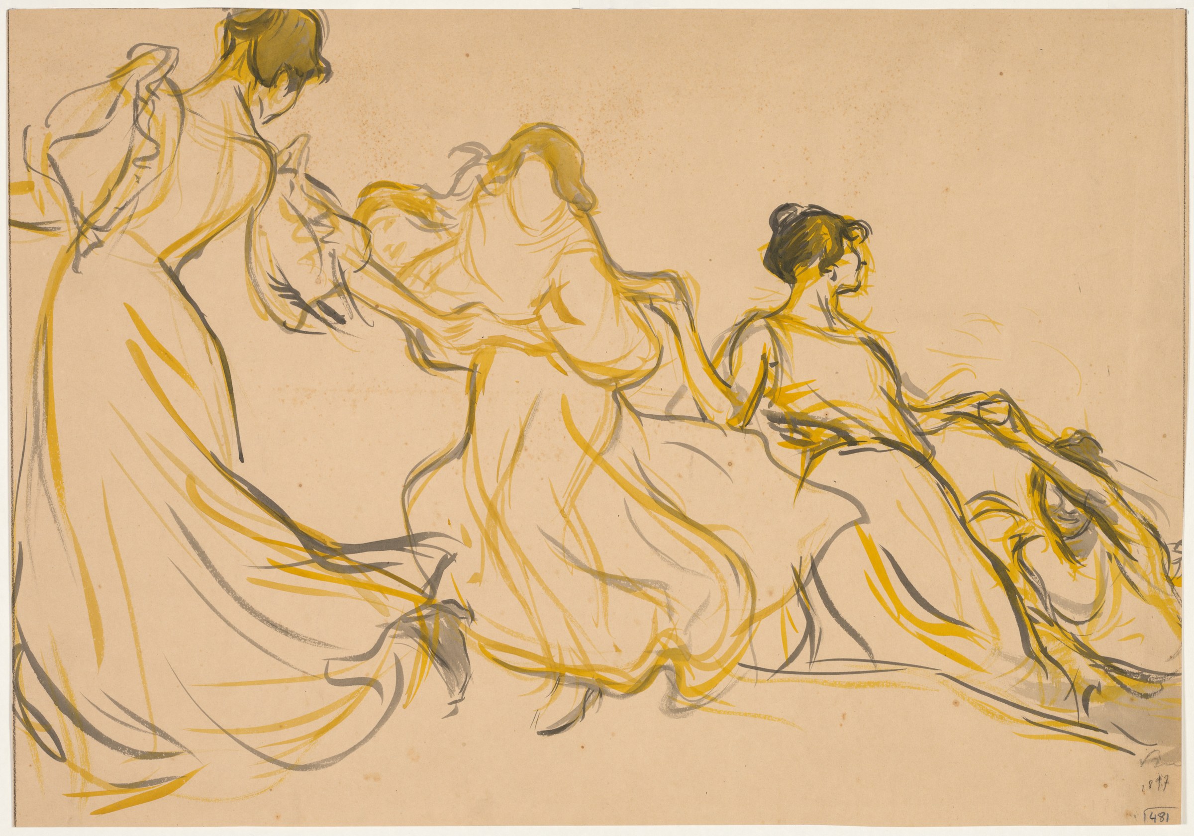 Four female figures in flowing skirts rendered in ink and yellow watercolor, moving left to right in sinuous, graceful poses suggestive of aesthetic dance.