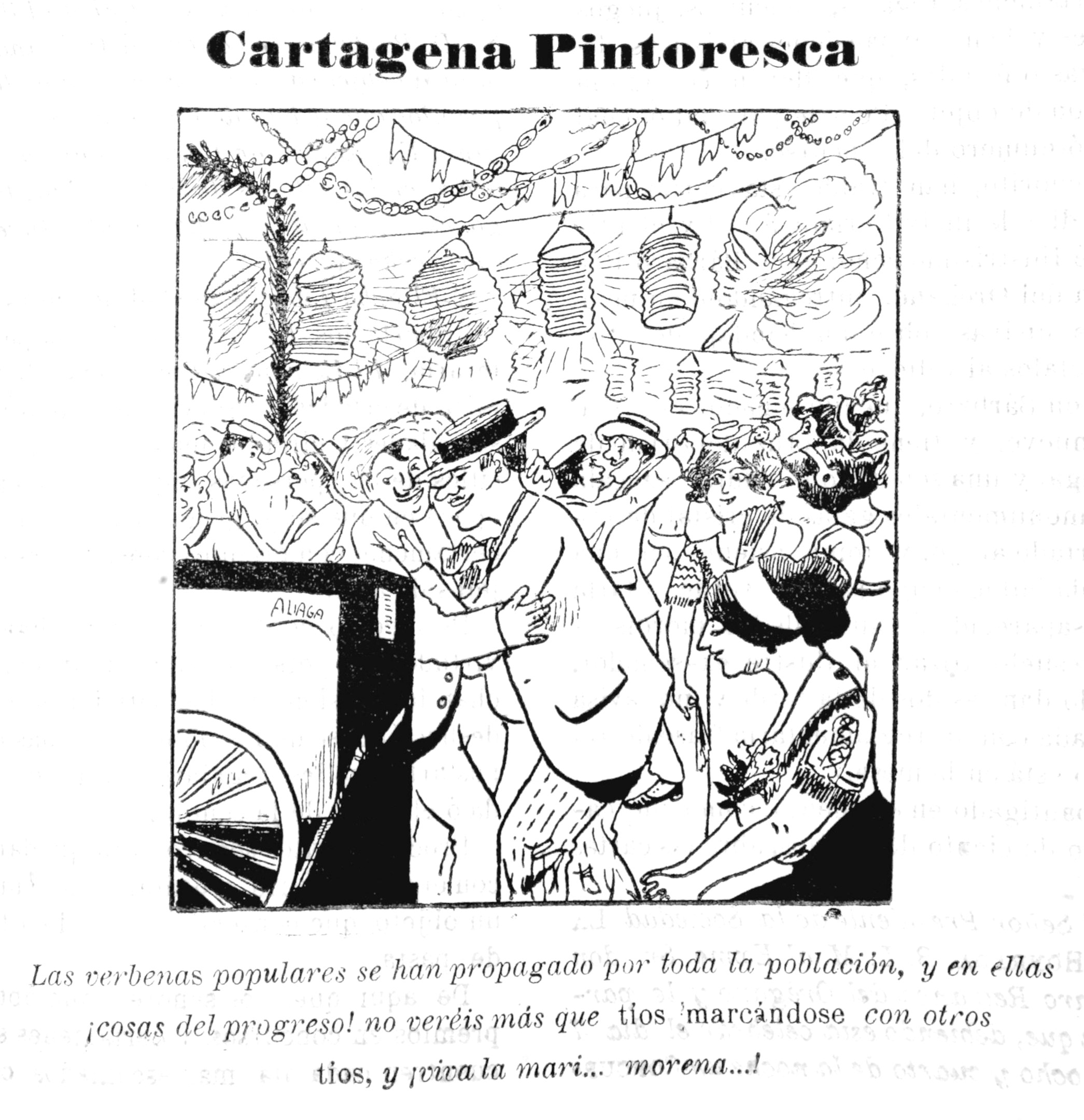 Crowded cartoon of men dancing together in pairs at a street festival in 1910s Cartagena, with women standing aside; paper lanterns and bunting overhead.
